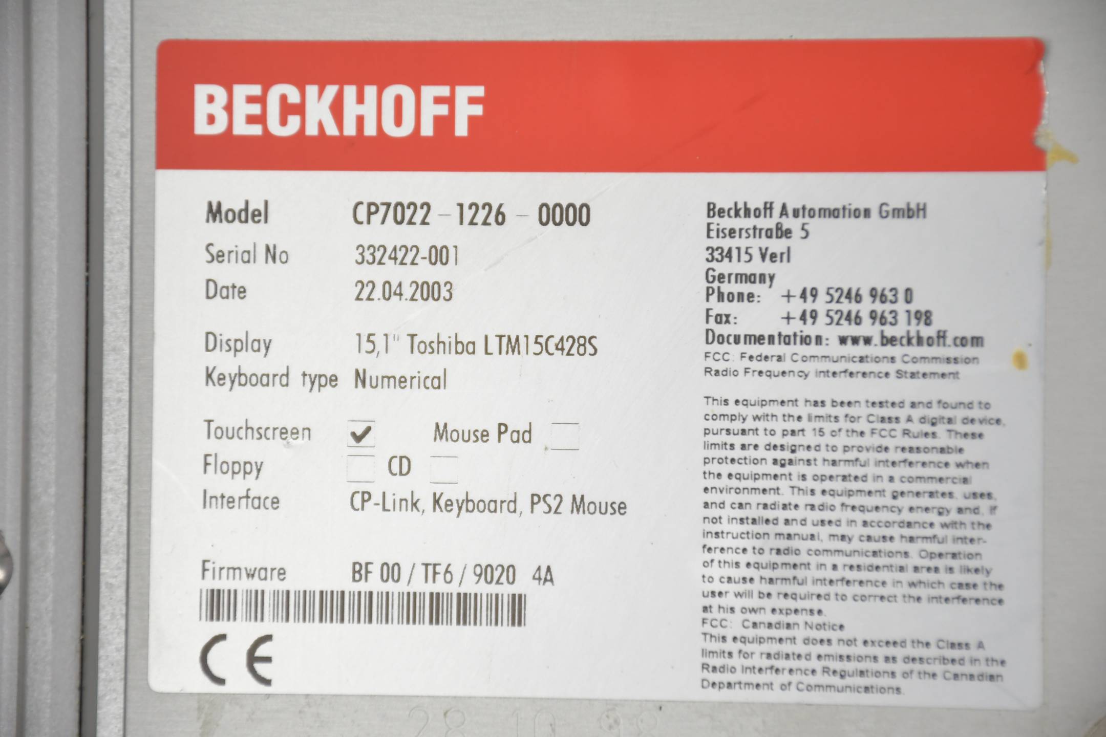 Beckhoff Control Panel CP7022-1226-0000