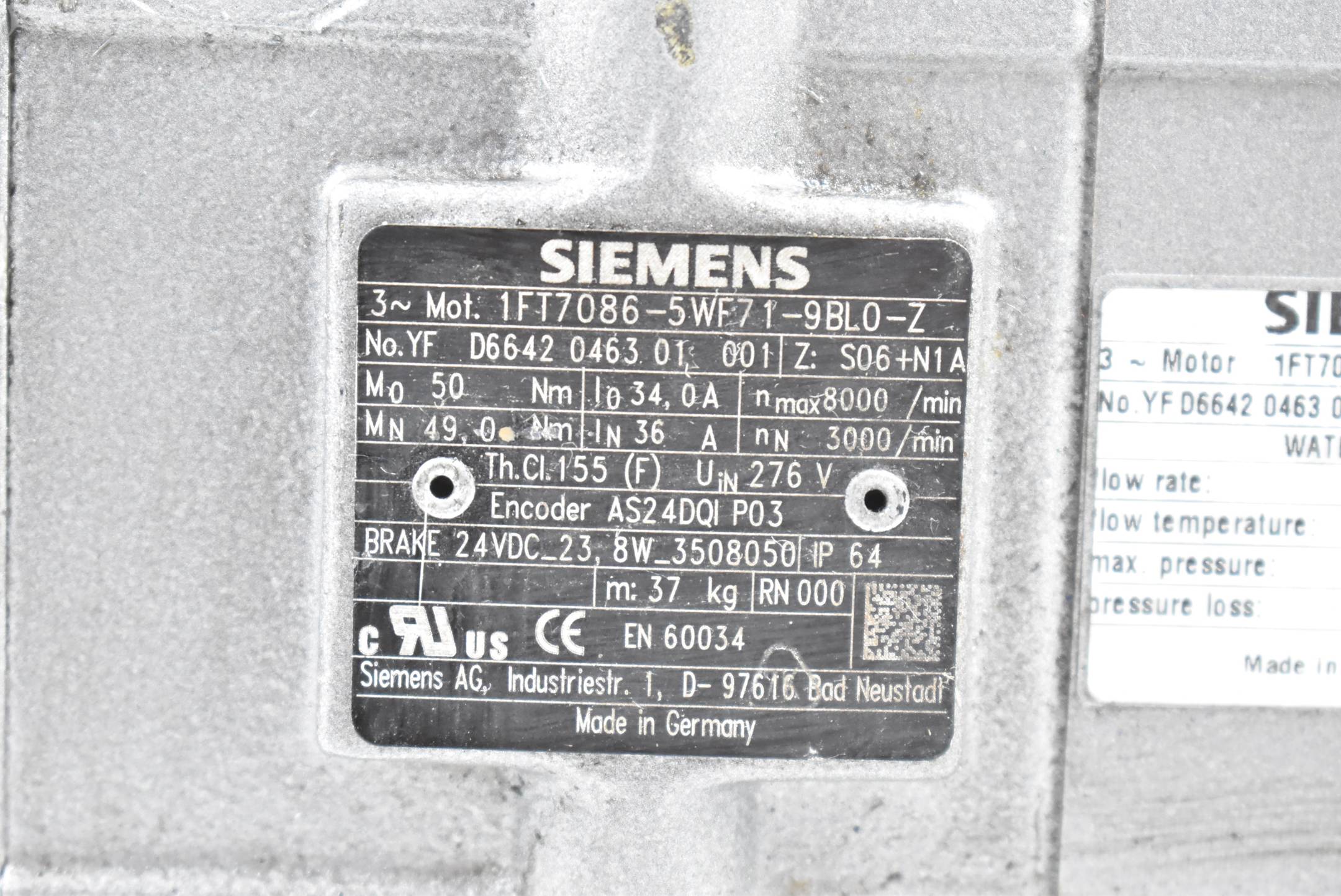 Siemens Servomotor 49Nm 36A 1FT7086-5WF71-9BL0-Z ( 1FT7 086-5WF71-9BL0-Z ) 