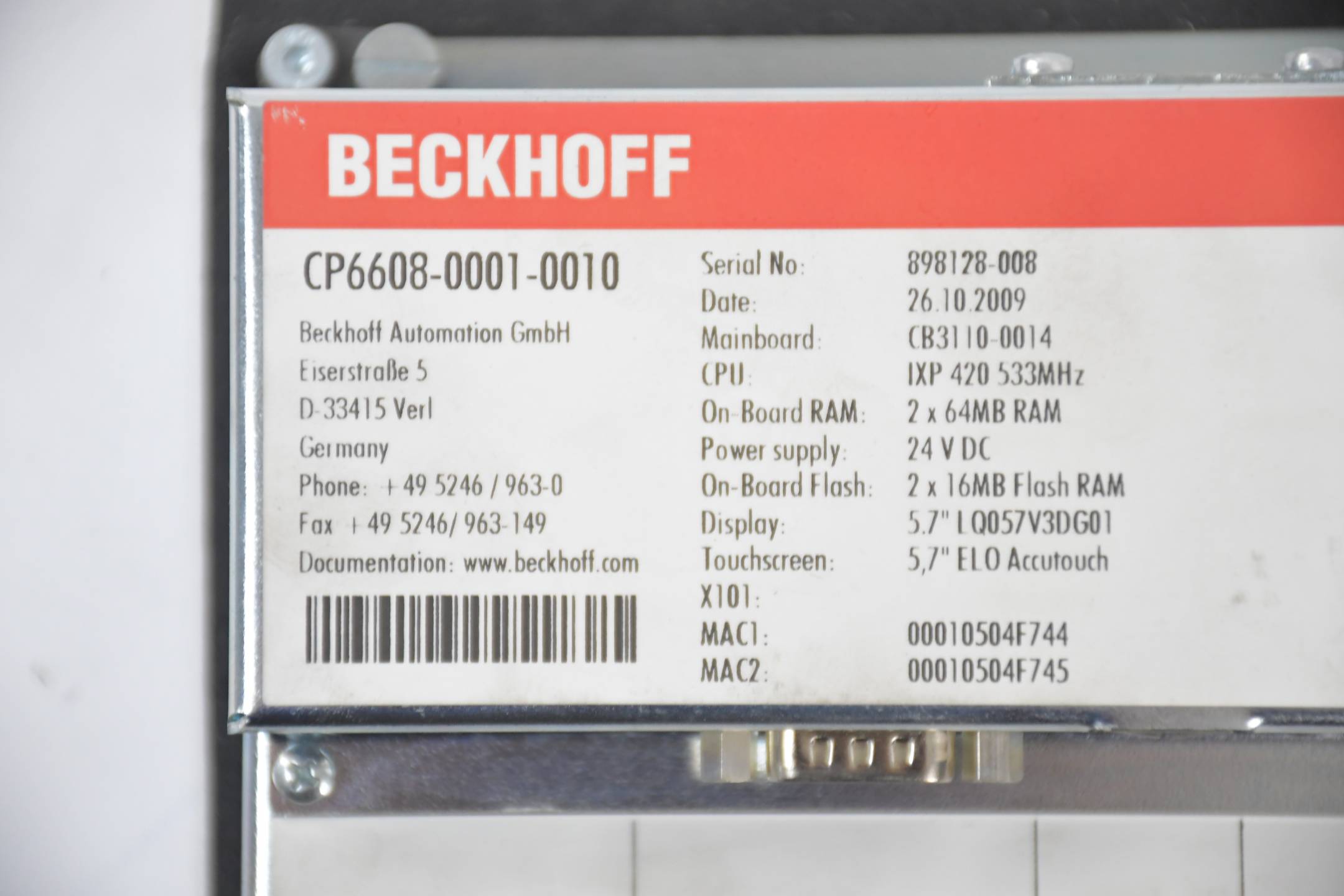 Beckhoff Einbau-Control-Panel CP6608 CP6608-0001-0010