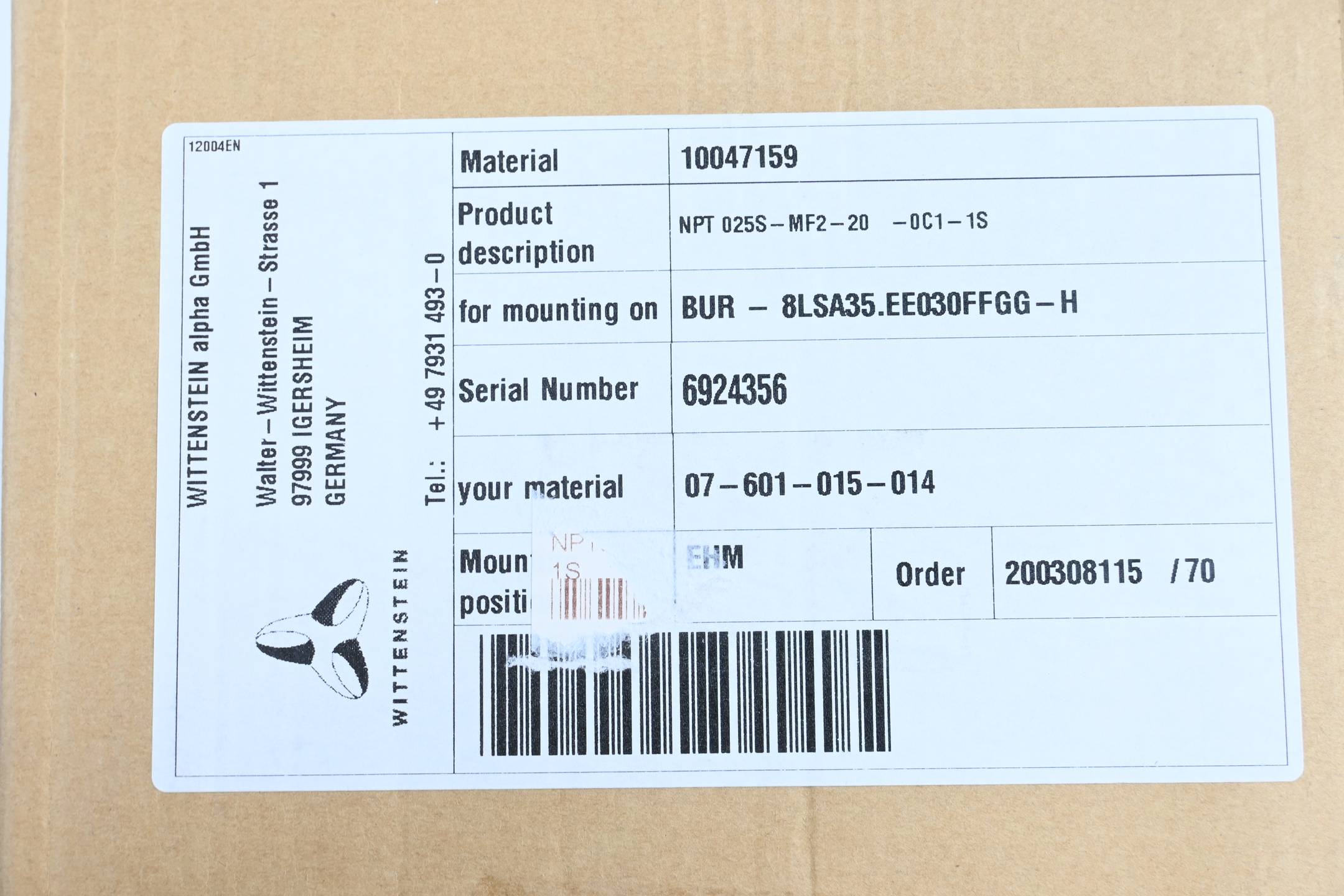 Wittenstein Planetengetriebe NPT 025S-MF2-20-0C1-1S ( 10047159 )