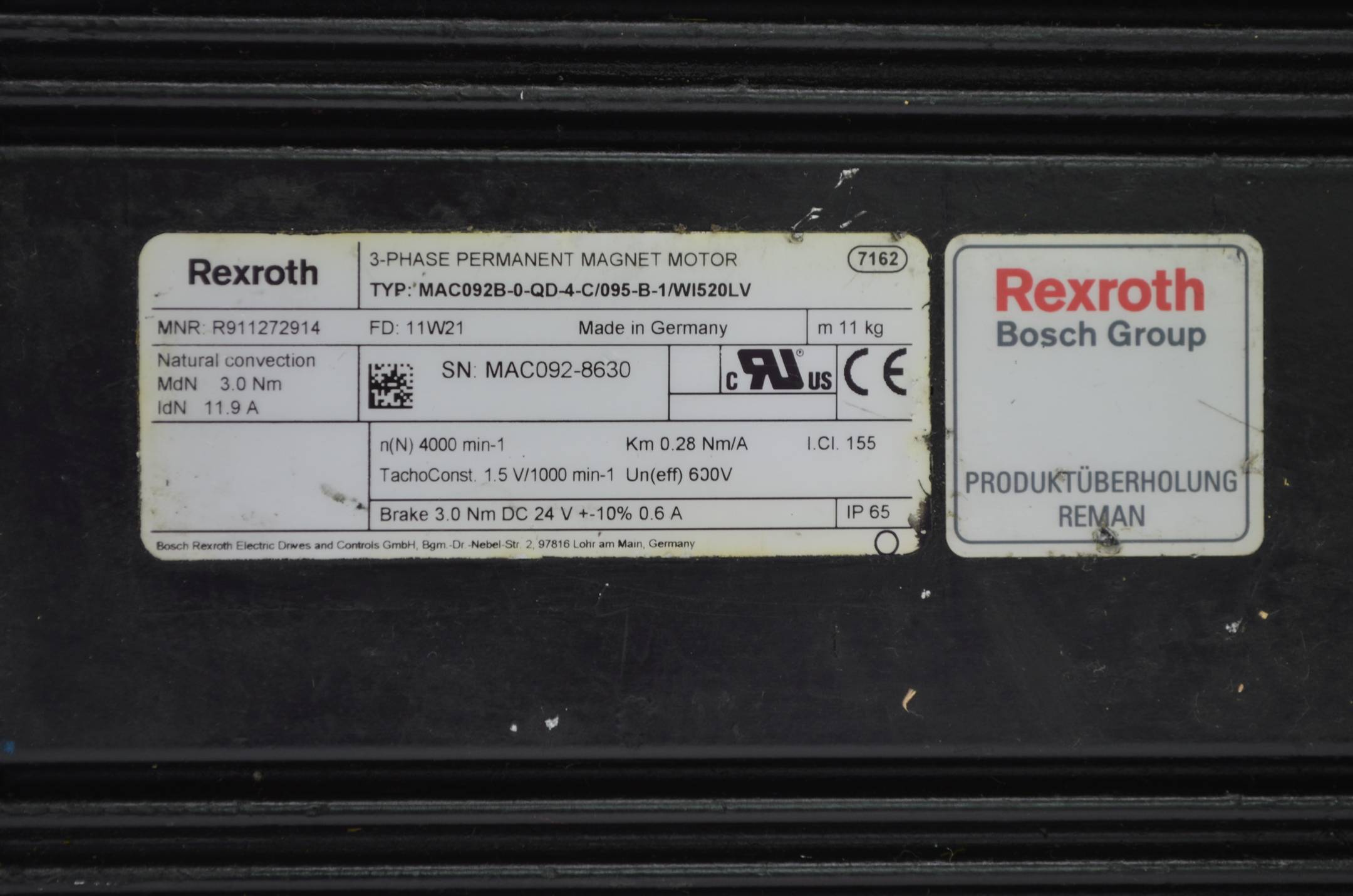 Rexroth 3-Phase Permanent Magnet Motor R911272914 MAC092B-0-QD-4-C/095-B-1/WI520LV