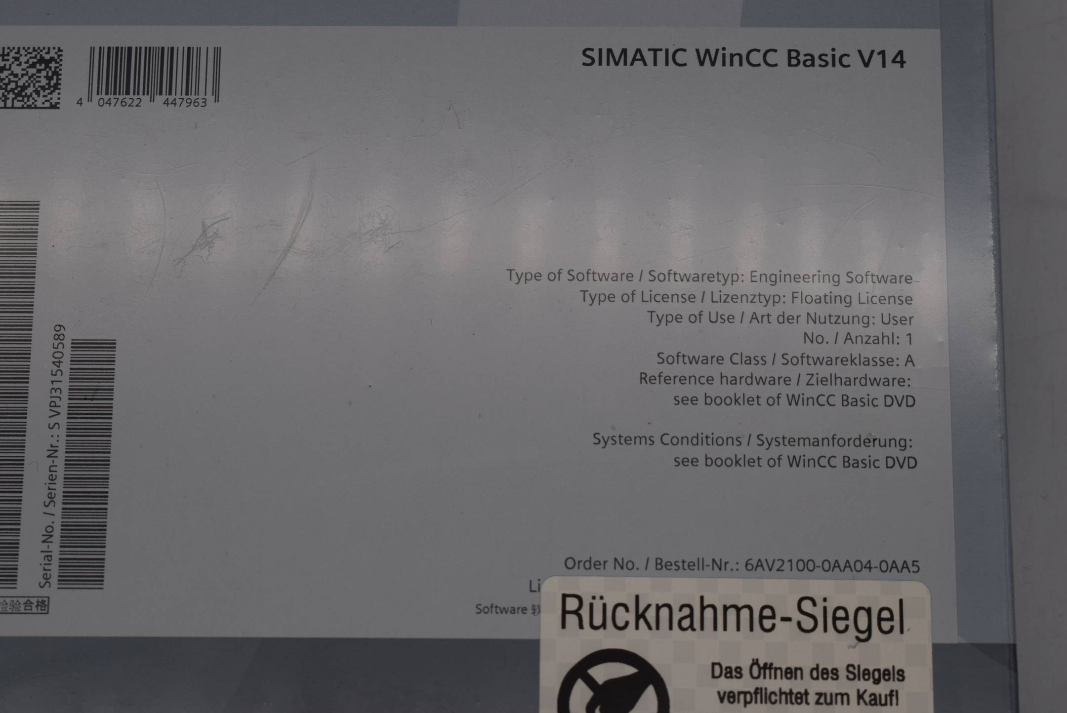 Siemens simatic WinCC Basic 6AV2100-0AA04-0AA5 ( 6AV2 100-0AA04-0AA5 ) V14