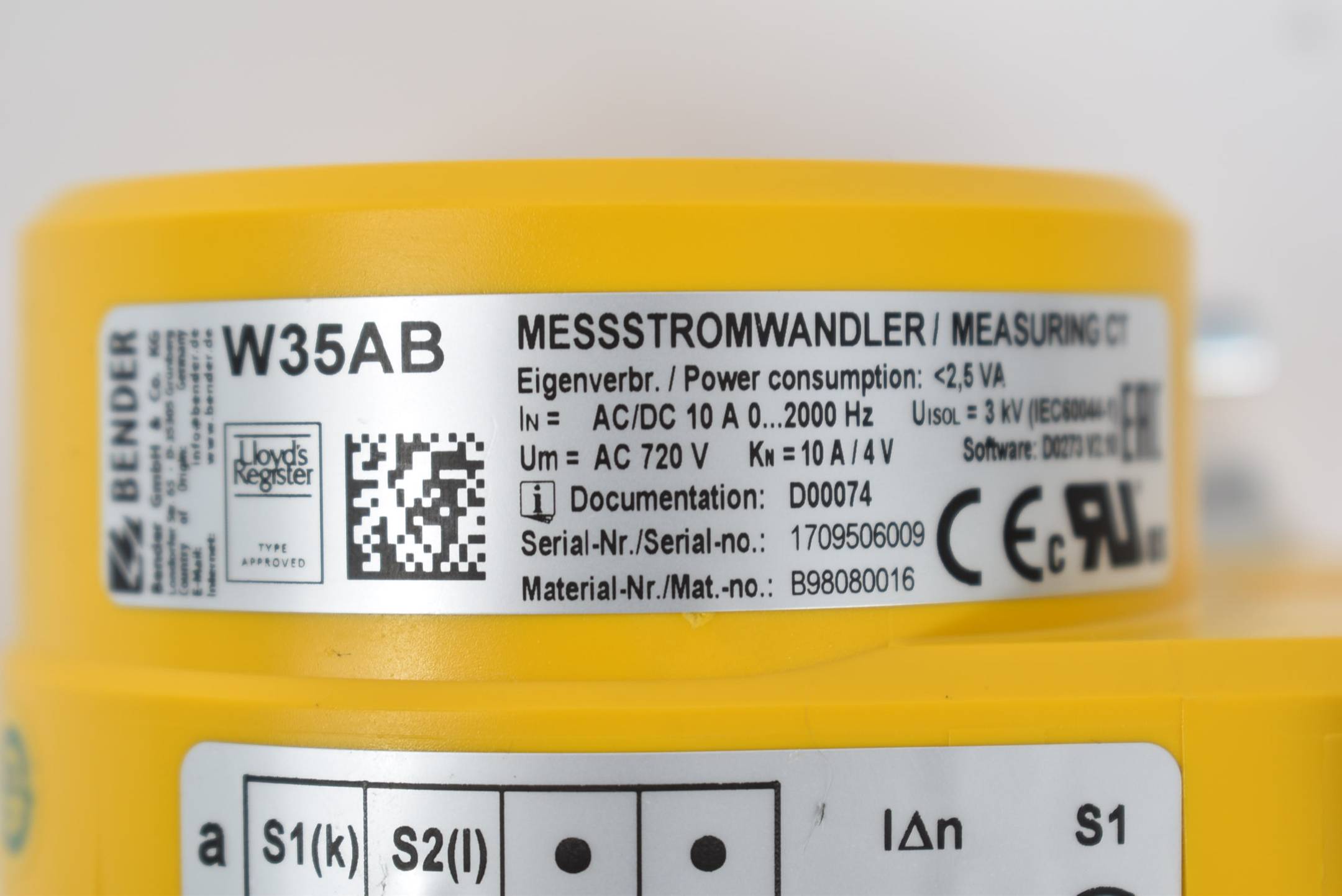 Bender Messstromwandler AC/DC 10A 0-2000Hz AC720V W35AB