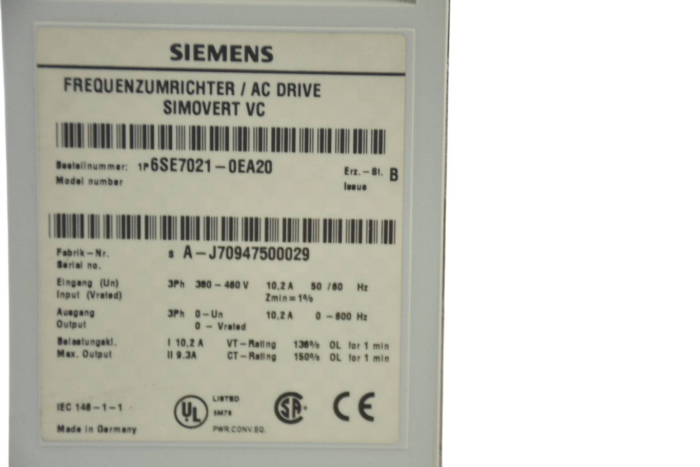 Siemens simovert VC Compact Umrichter 6SE7021-0EA20 ( 6SE7 021-0EA20 ) Ver B Siemens simovert VC Compact Umrichter 6SE7021-0EA20 ( 6SE7 021-0EA20 ) Ver B