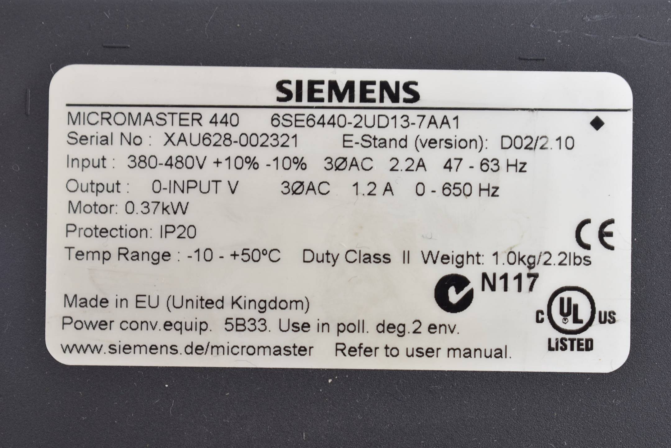 Siemens Micromaster 440 6SE6440-2UD13-7AA1 inkl. 6SE6400-2FA00-6AD0