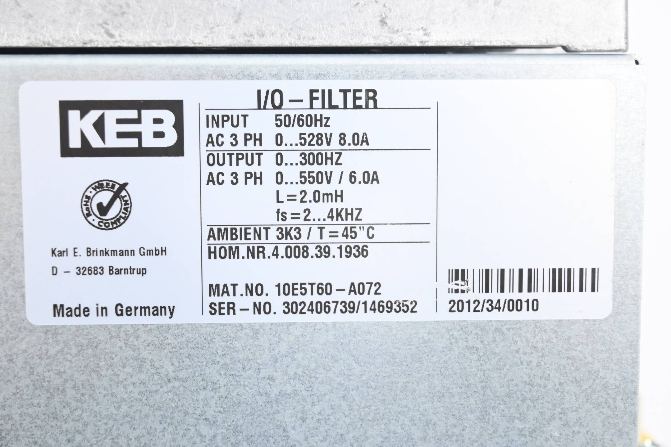 KEB Homag Frequenzumrichter 09F5CBB-YA00 inkl. I/O-Filter 10E5T60-A072