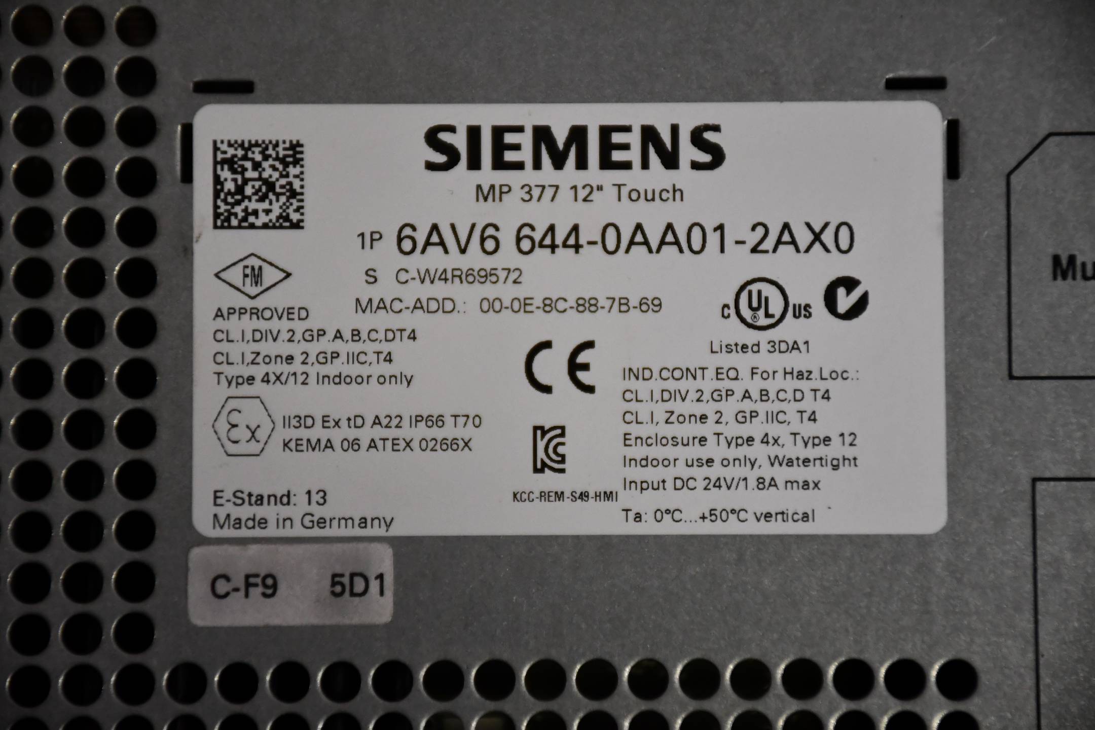 Siemens MP377 12'' Touch 6AV6644-0AA01-2AX0 ( 6AV6 644-0AA01-2AX0 ) E13