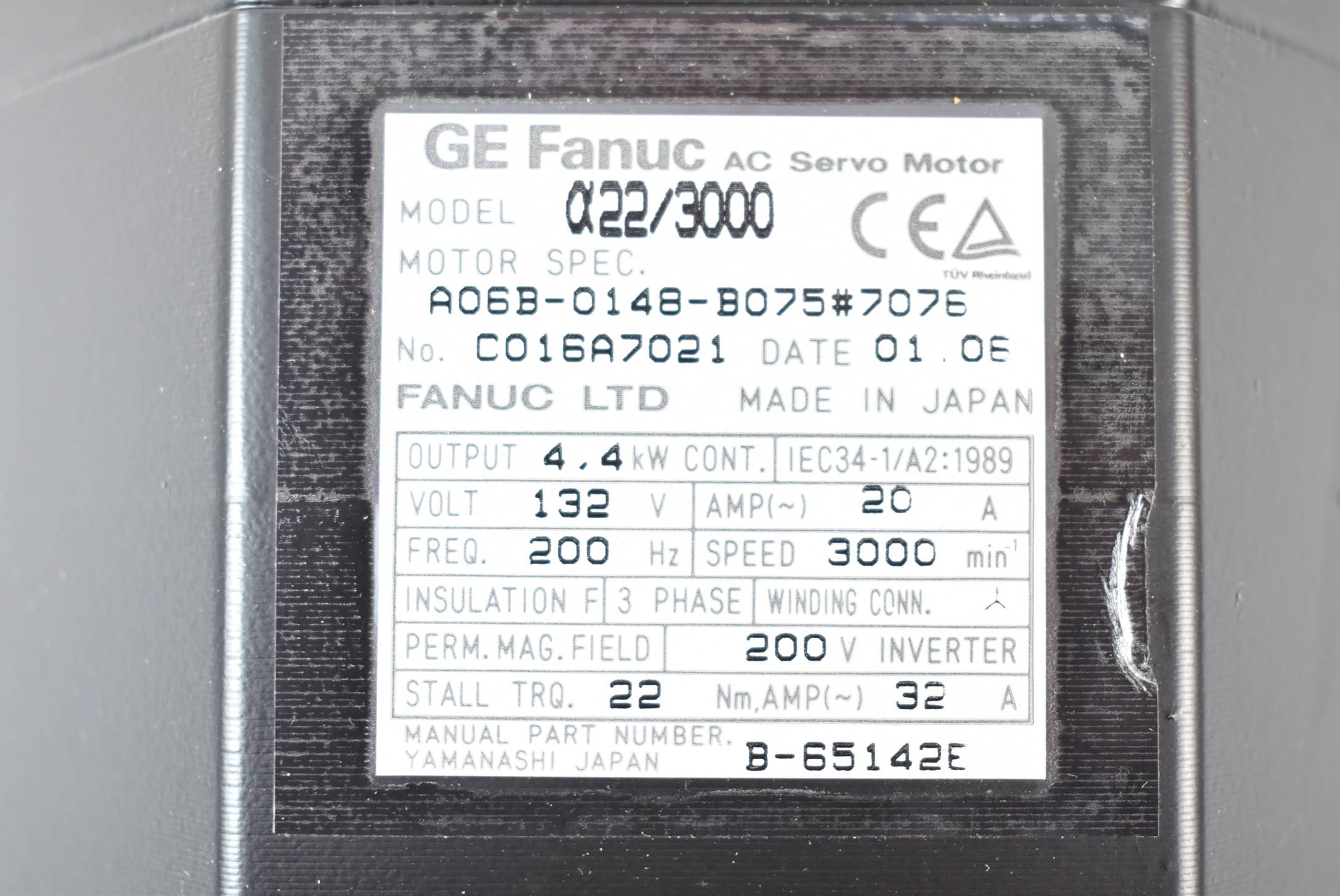 Fanuc AC Servomotor α22/3000 4,4kW 132V 20A 200Hz 3000rpm A06B-0148-B075#7076
