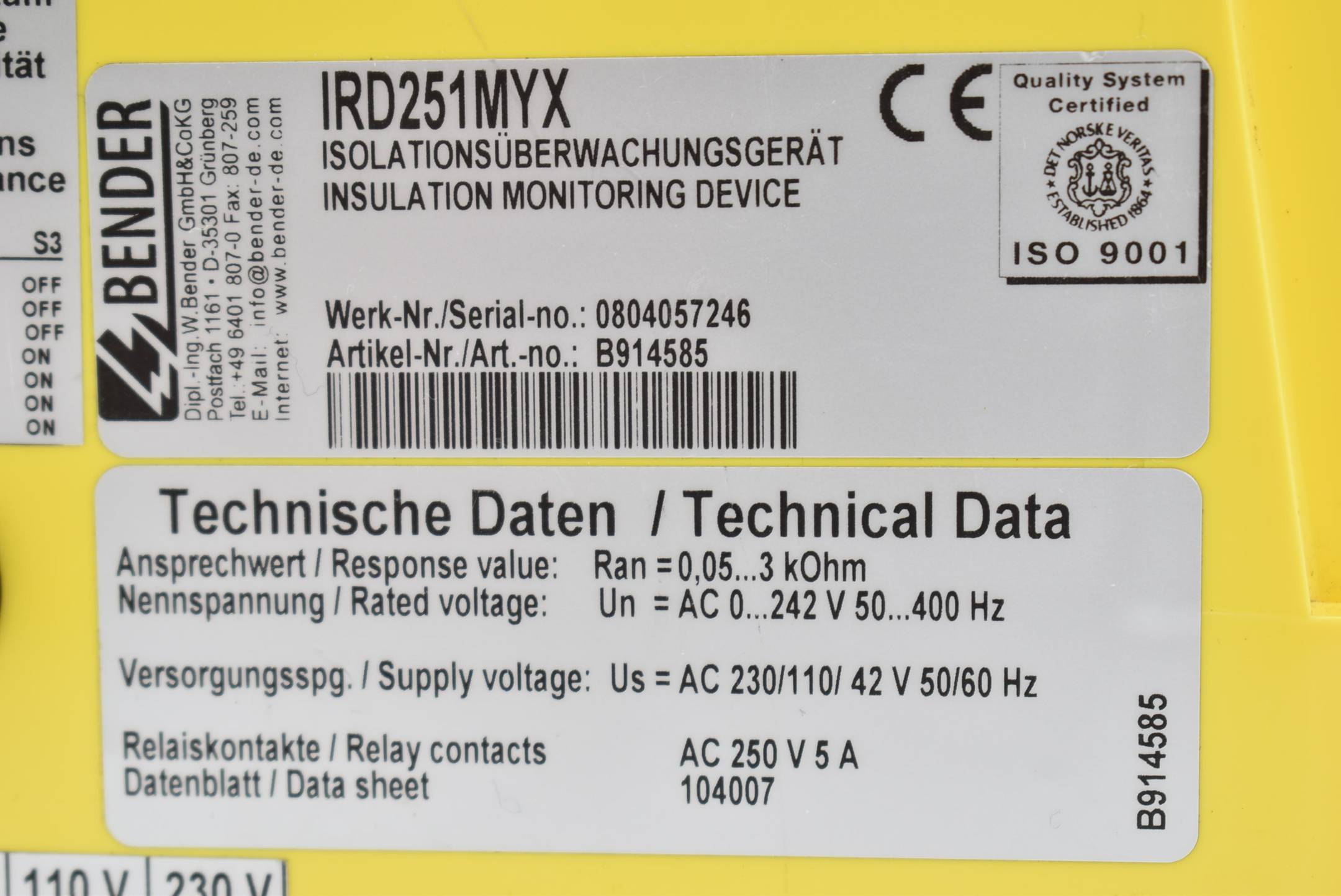 Bender Isolationsüberwachungsgerät IRD251MYX ( B914585 )