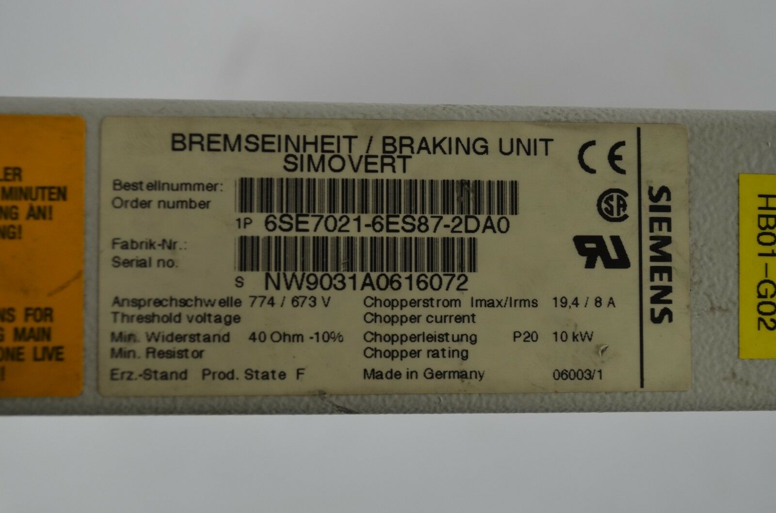 Siemens simovert Bremseinheit 6SE7021-6ES87-2DA0 ( 6SE7 021-6ES87-2DA0 )
