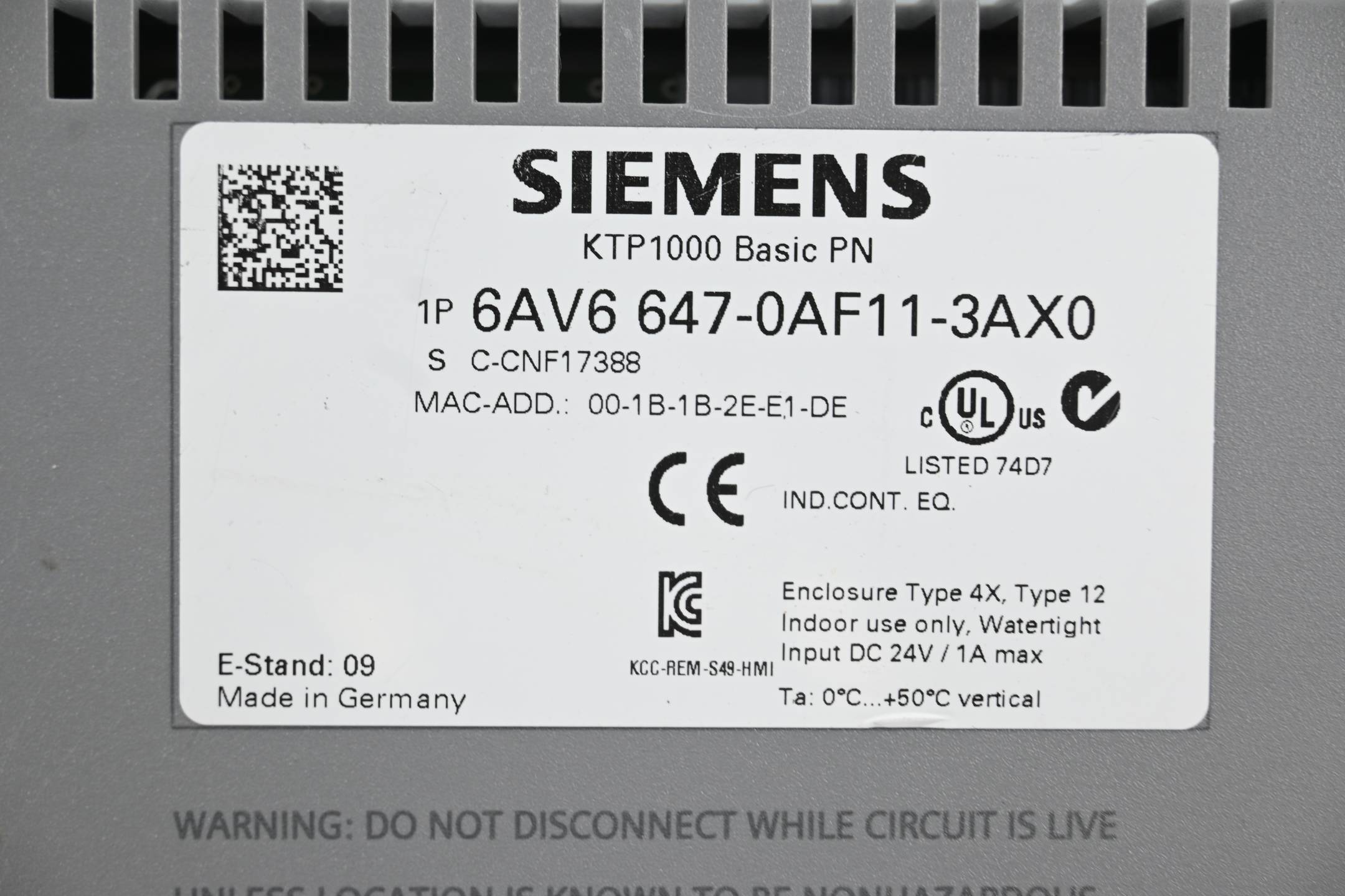 Siemens Simatic HMI KTP1000 Panel 6AV6647-0AF11-3AX0 ( 6AV6 647-0AF11-3AX0 ) E9