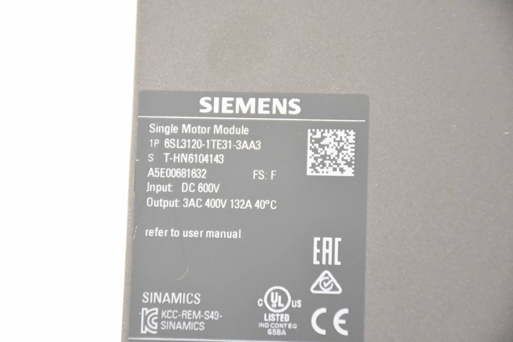 Siemens Sinamics single motor module 6SL3120-1TE31-3AA3 6SL3 120-1TE31-3AA3 E. F