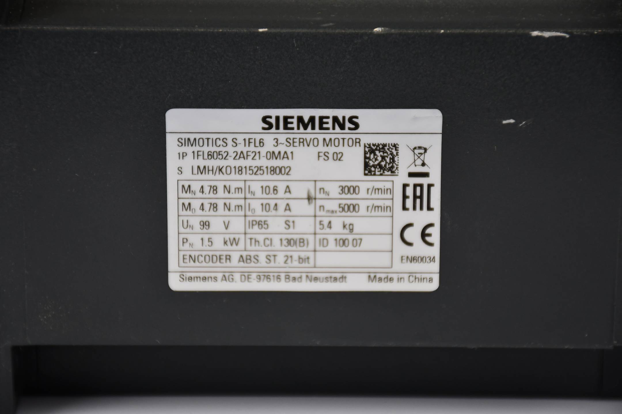 Siemens simotics S-1FL6 Servomotor 1FL6052-2AF21-0MA1 ( 1FL6 052-2AF21-0MA1 ) E2