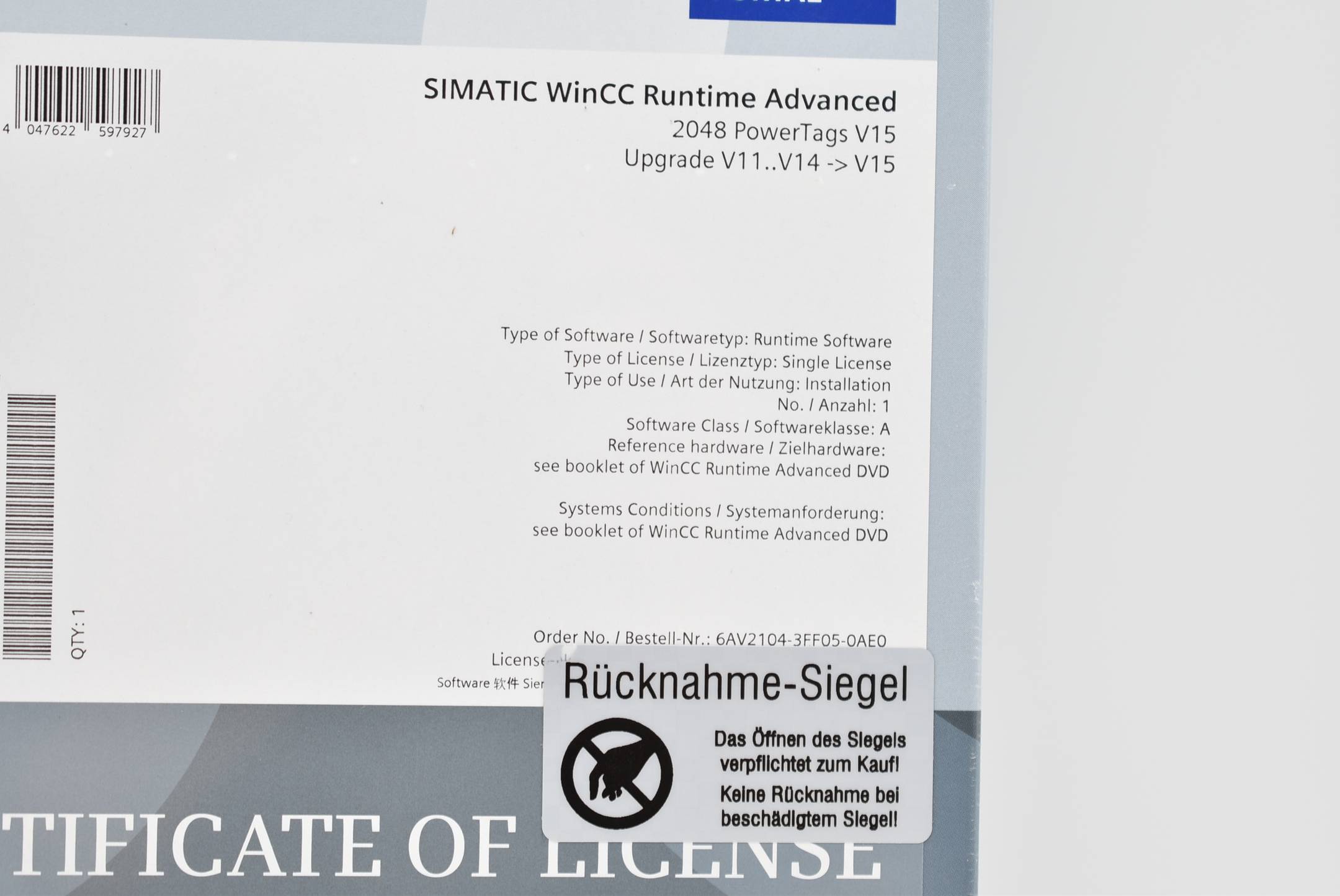 Siemens simatic WinCC Runtime Advanced 2048 PowerTags V15 6AV2104-3FF05-0AE0