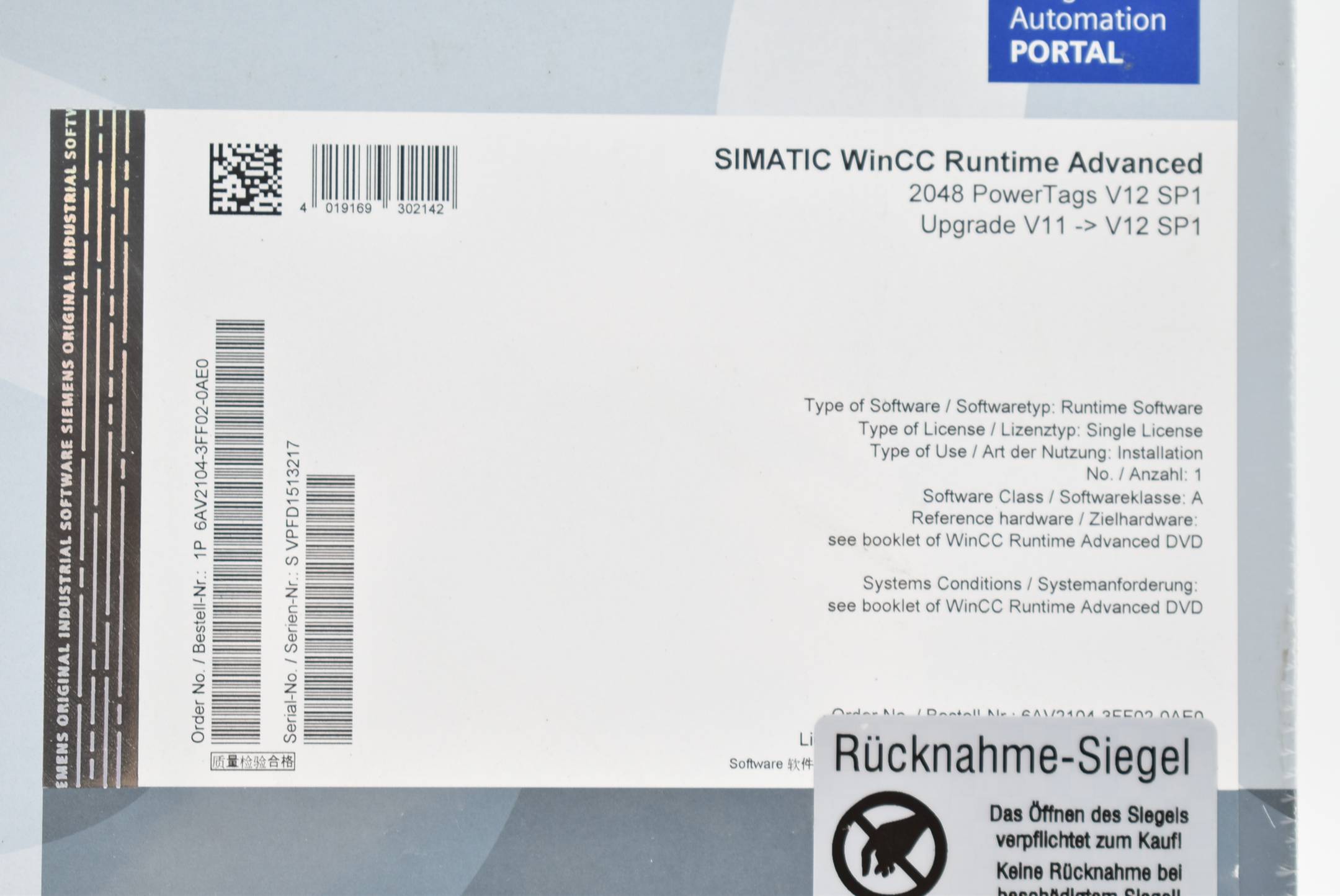 Siemens simatic WinCC Runtime Advanced 2048 PowerTags V12 SP1 6AV2104-3FF02-0AE0
