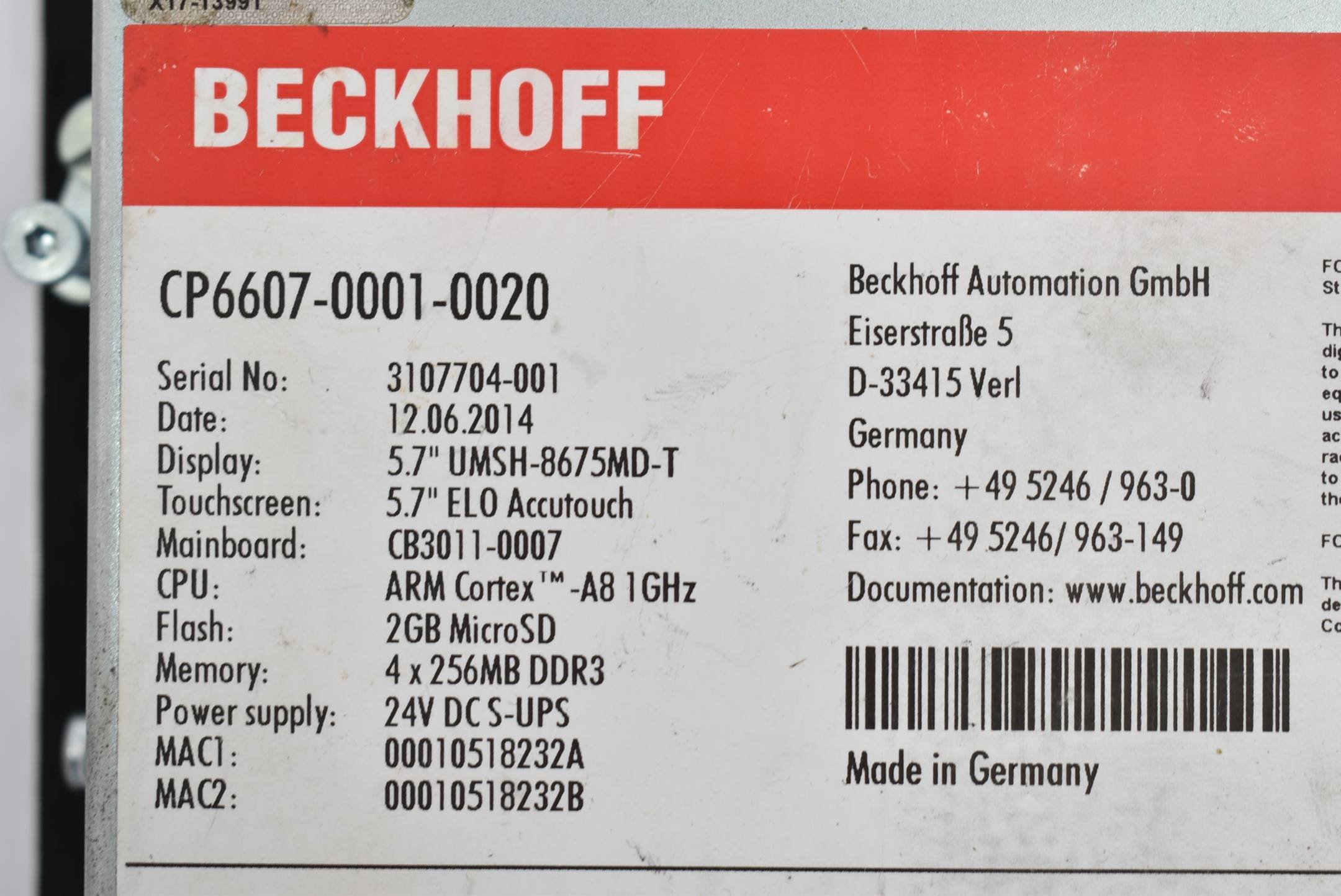 Beckhoff Panel-PC mit ARM Cortex-A8 1 GHz 5,7" CP6607-0001-0020