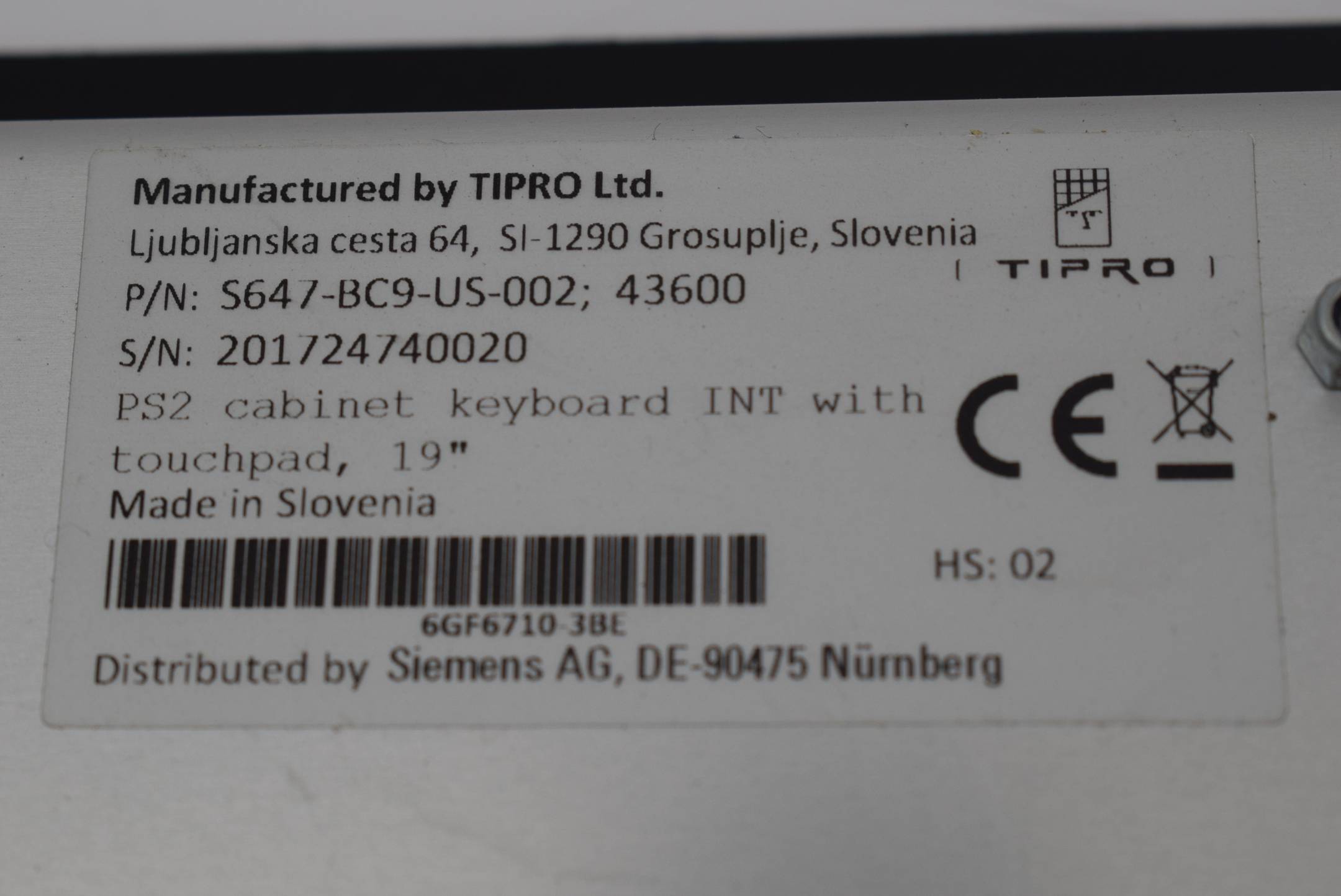 Siemens PS2 cabinet keyboard S647-BC9-US-002 ( S647 -BC9-US-002 ) 43600