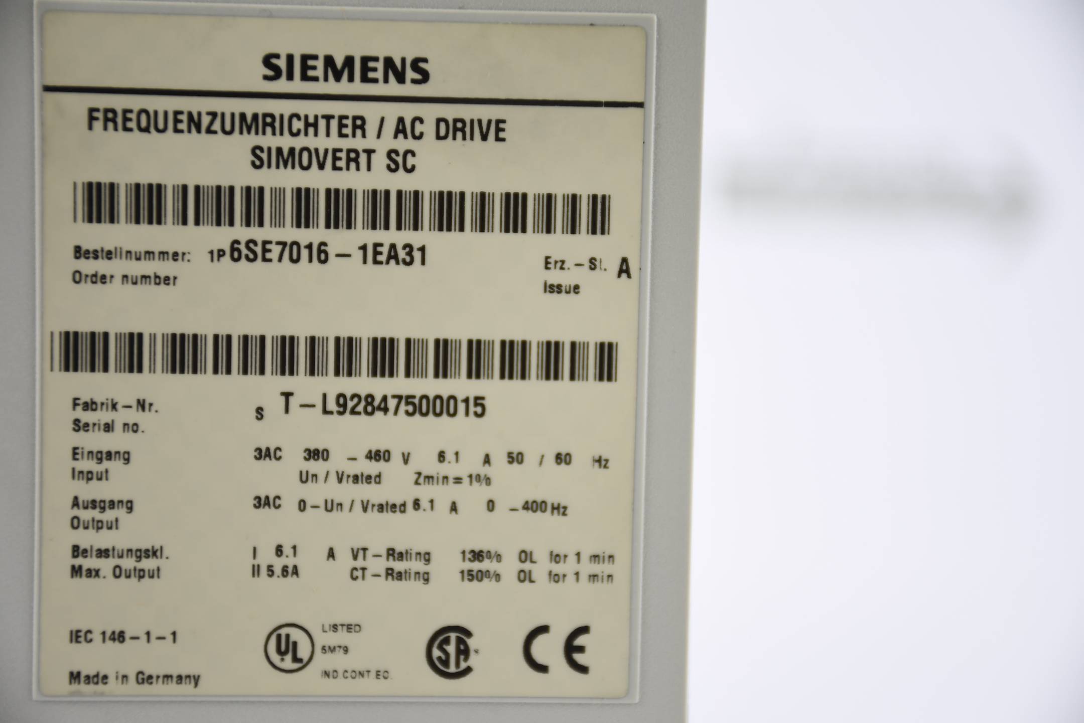 Siemens simovert Masterdrives SC Umrichter 6SE7016-1EA31 ( 6SE7 016-1EA31 ) Ez A