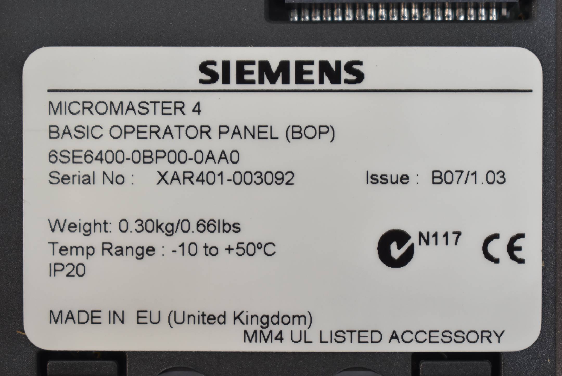 Siemens Micromaster 420 6SE6420-2AB15-5AA1 ( 6SE6 420-2AB15-5AA1 ) Ver. A03/1.17