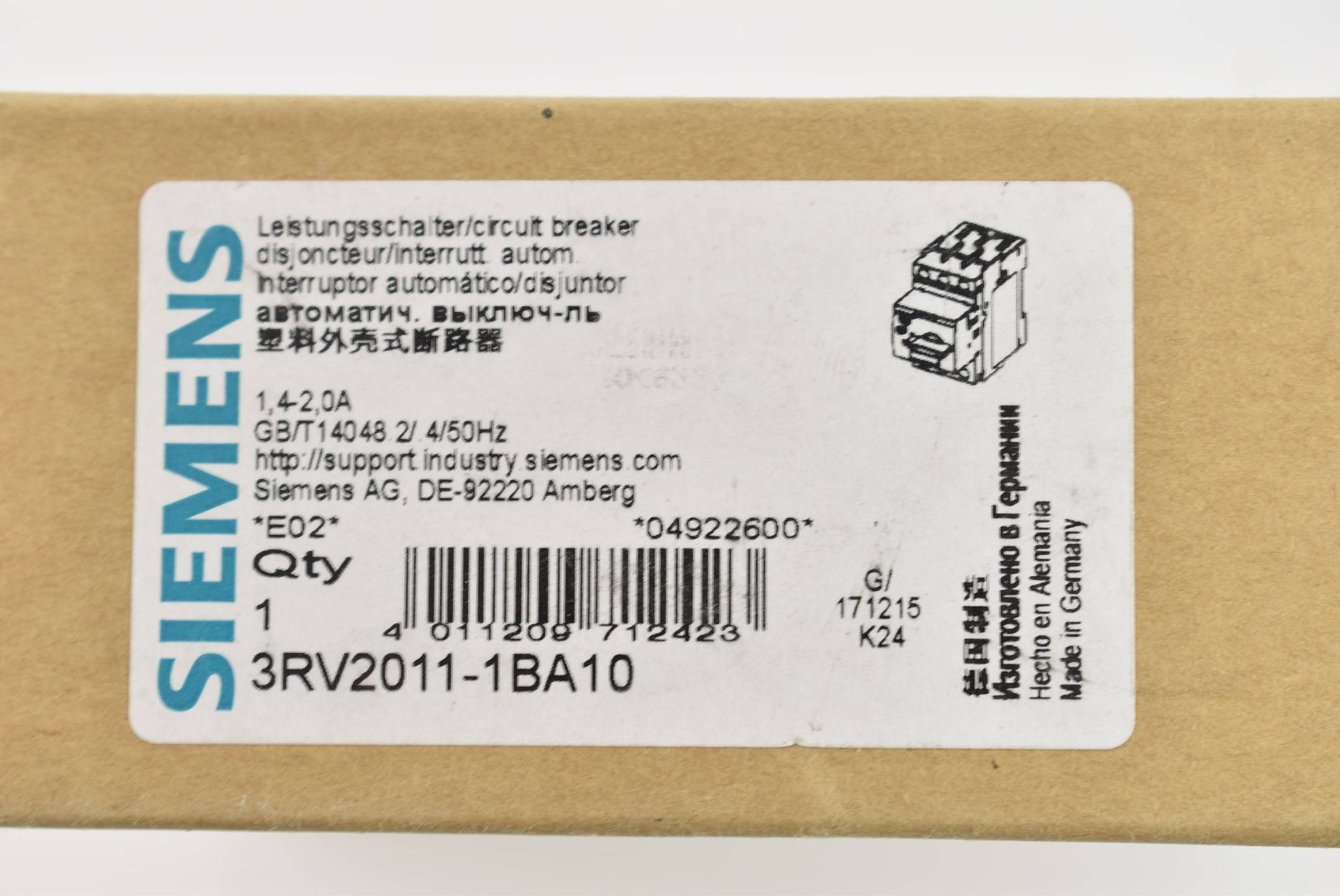Siemens Sirius Leistungsschalter Baugr. S00 3RV2011-1BA10 ( 3RV2 011-1BA10 ) E2