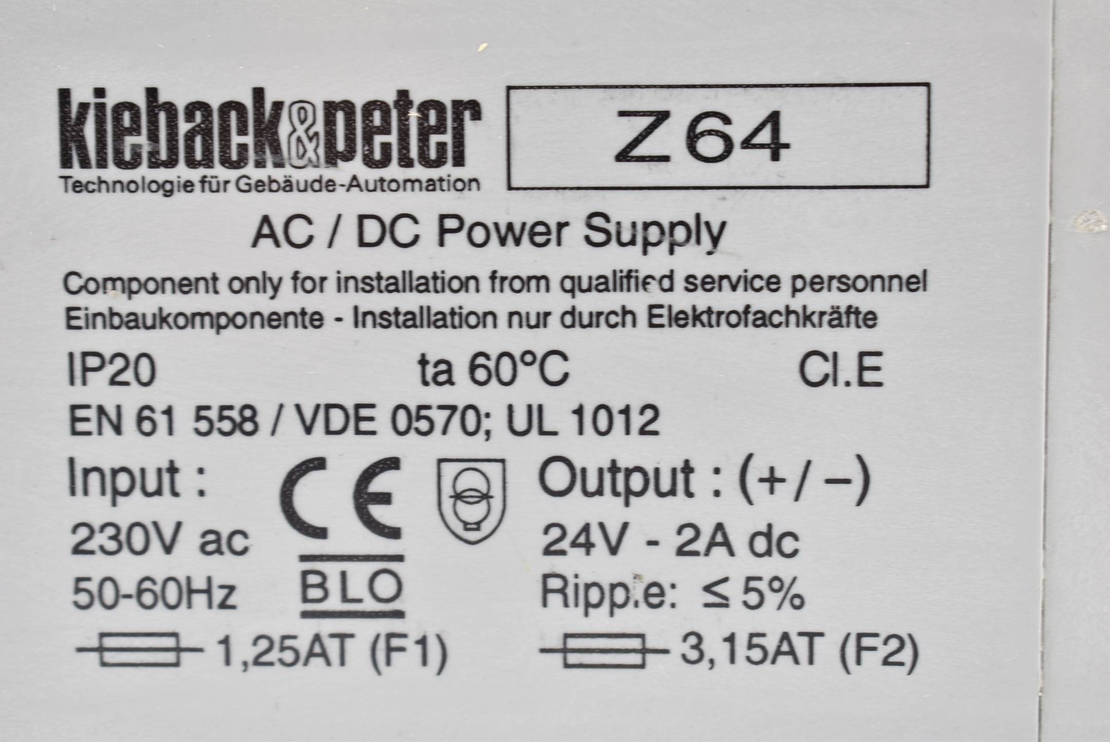 Kieback&Peter AC/DC Power Supply 230VAC 50-60Hz 24V 2A Z64