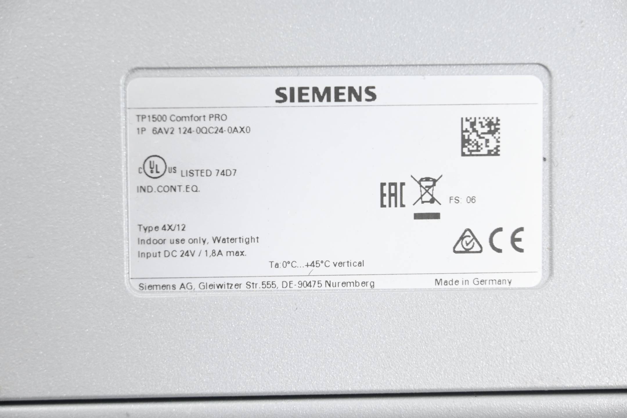 Siemens Simatic HMI TP1500 Comfort Pro 6AV2124-0QC24-0AX0 6AV2 124-0QC24-0AX0 F6