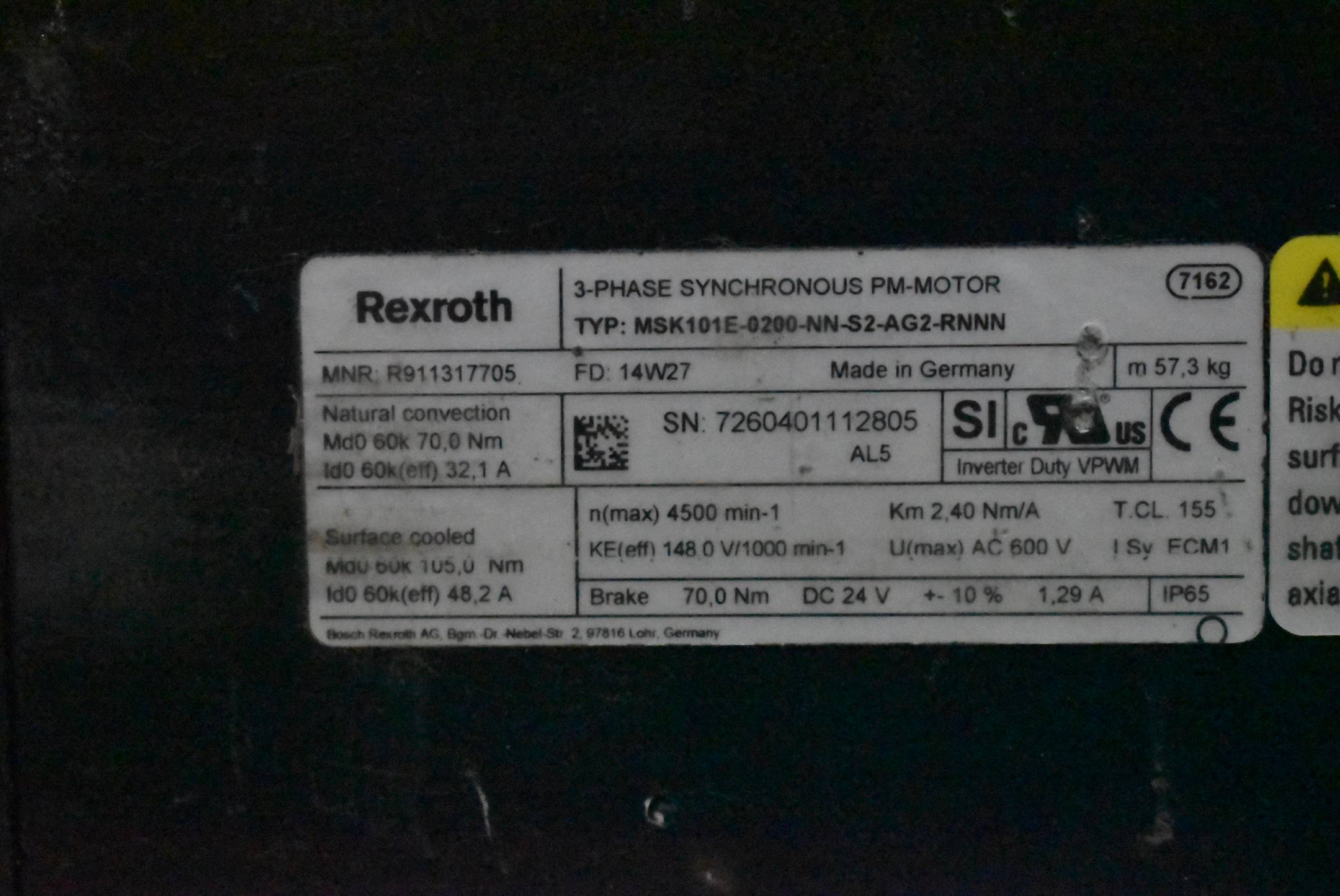 Rexroth Motor 70,0Nm 32,1A 4500rpm MSK101E-0200-NN-S2-AG2-RNNN ( R911317705 )