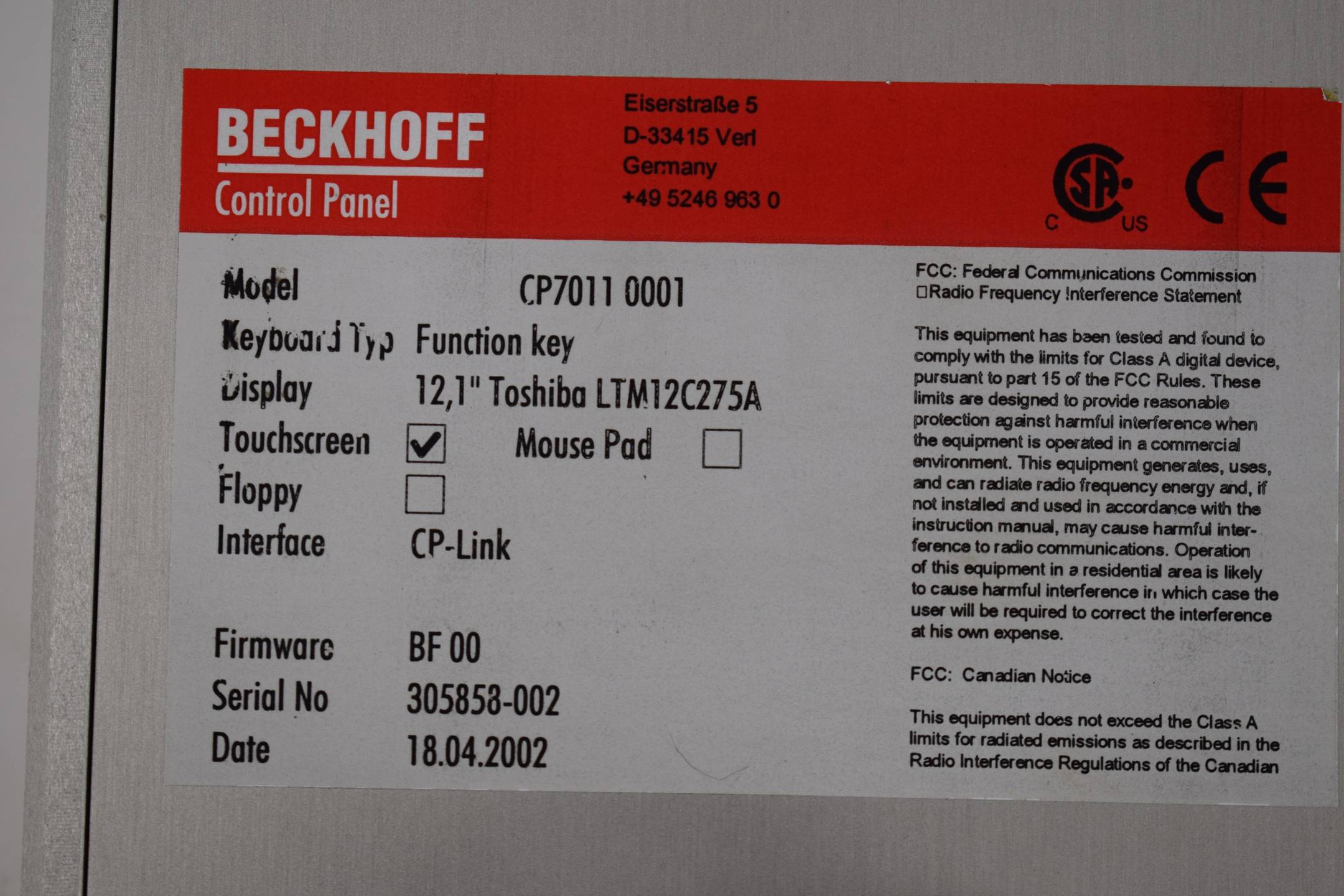 Beckhoff Control Panel CP7011-0001 12,1'' Toshiba LTM12C275A