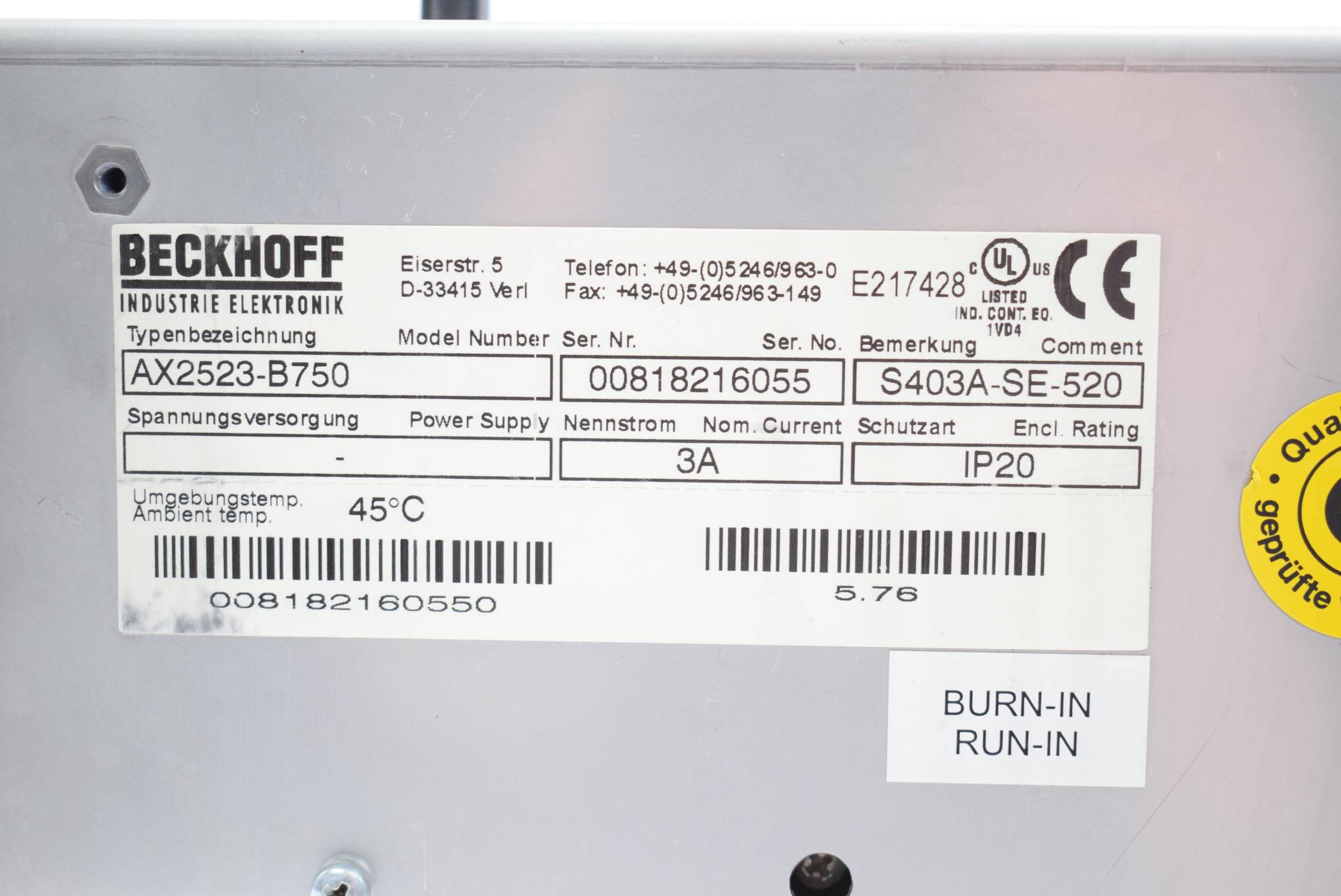 Beckhoff AX2523 Digital Servoverstärker AX2523-B750 ( S403A-SE-520 ) 