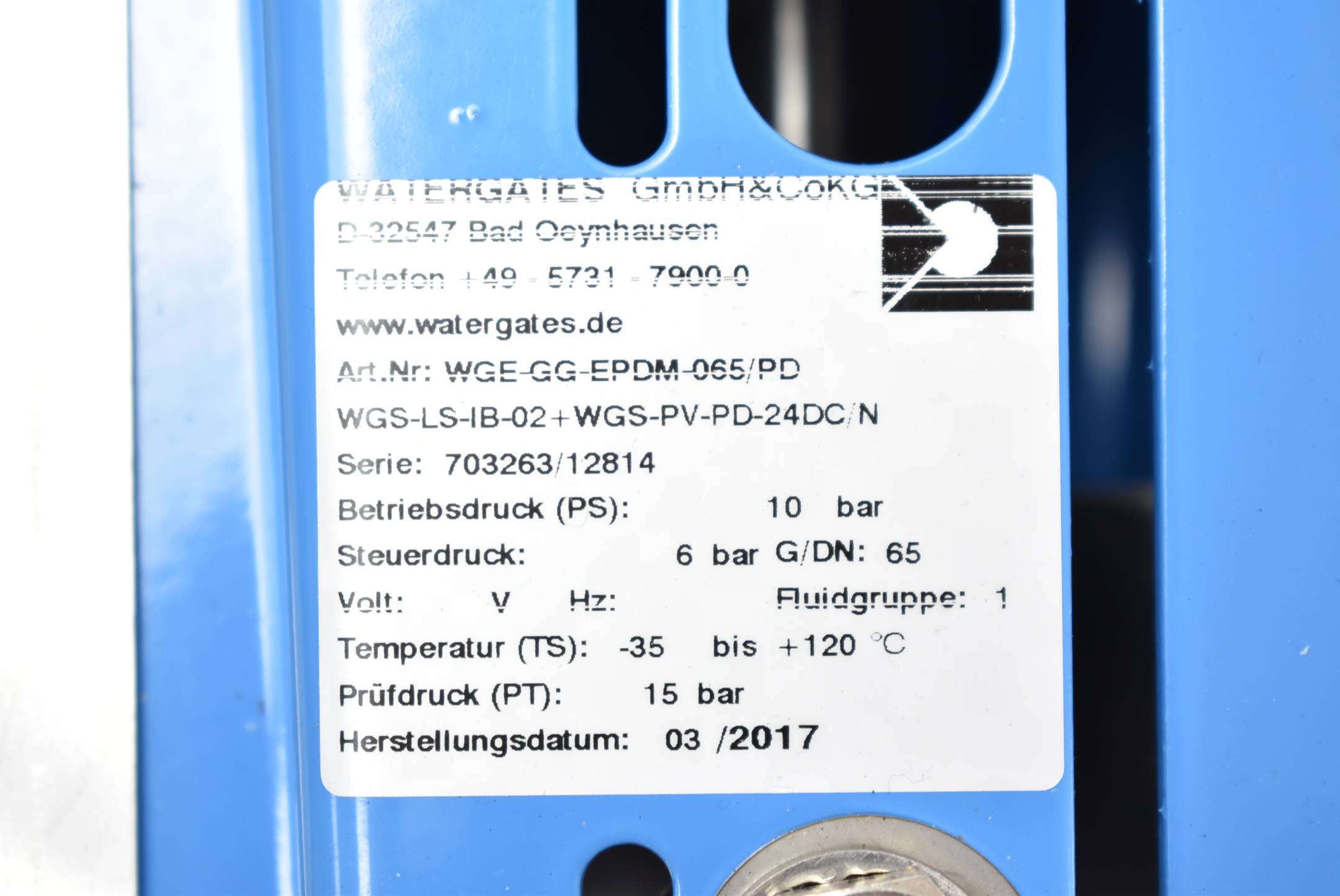 Watergates Absprerrschieber WGE-GG-EPDM-065/PD WGS-LS-IB-02 + WGS-PV-PD-24DC/N