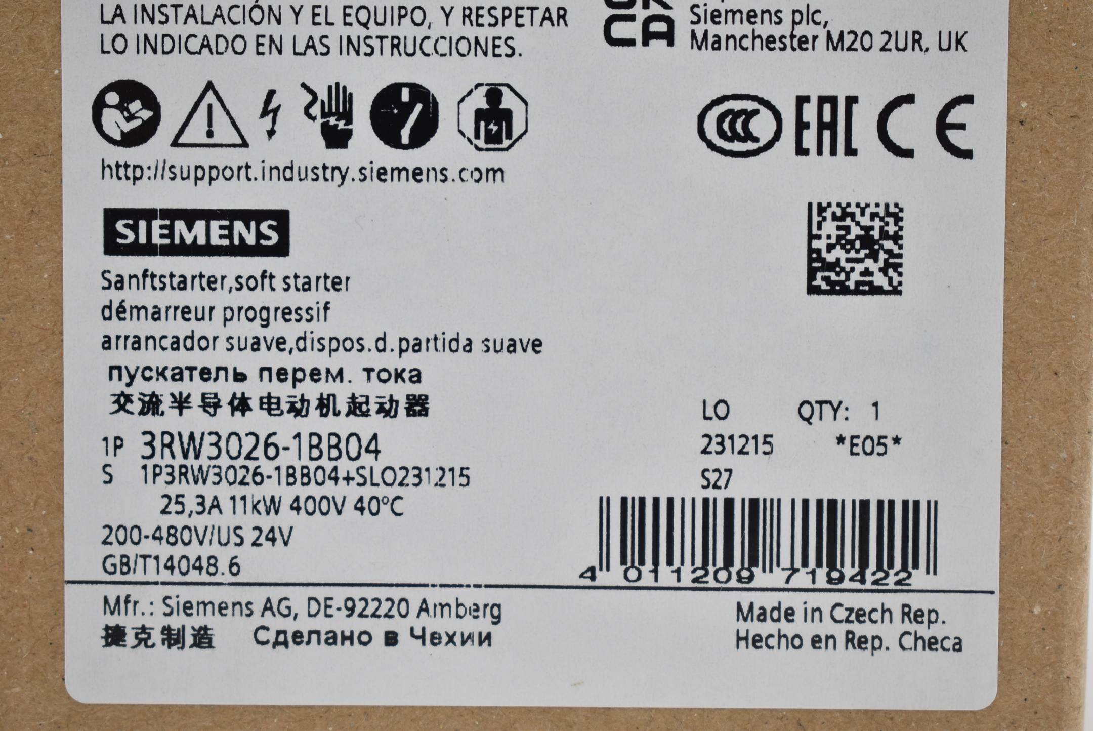 Siemens sirius Sanftstarter 3RW3 026-1BB04 ( 3RW3026-1BB04 ) 11kW 400V