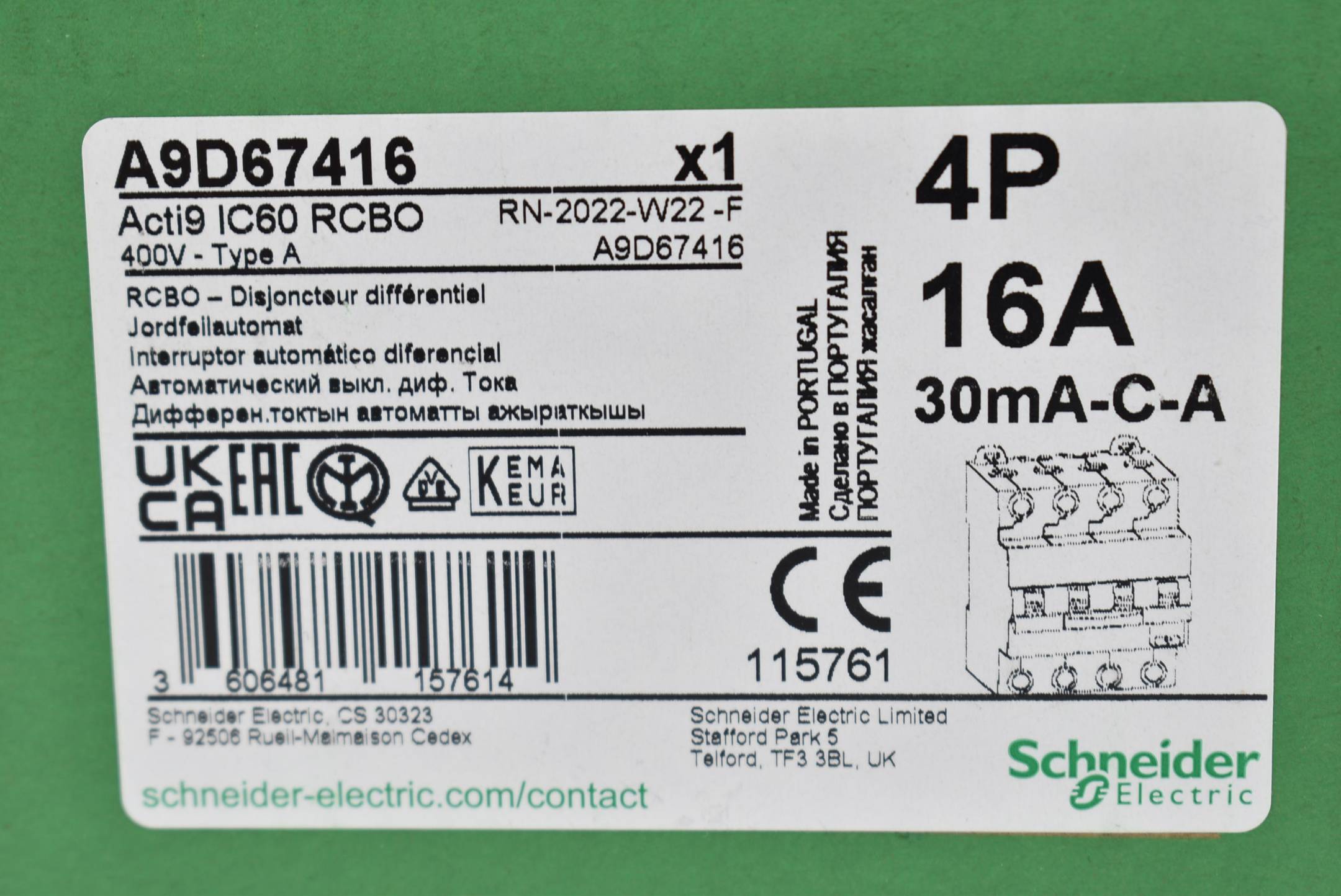 Schneider elctric Acti9 IC60 RCBO Combi switch 400V Typ A A9D67416