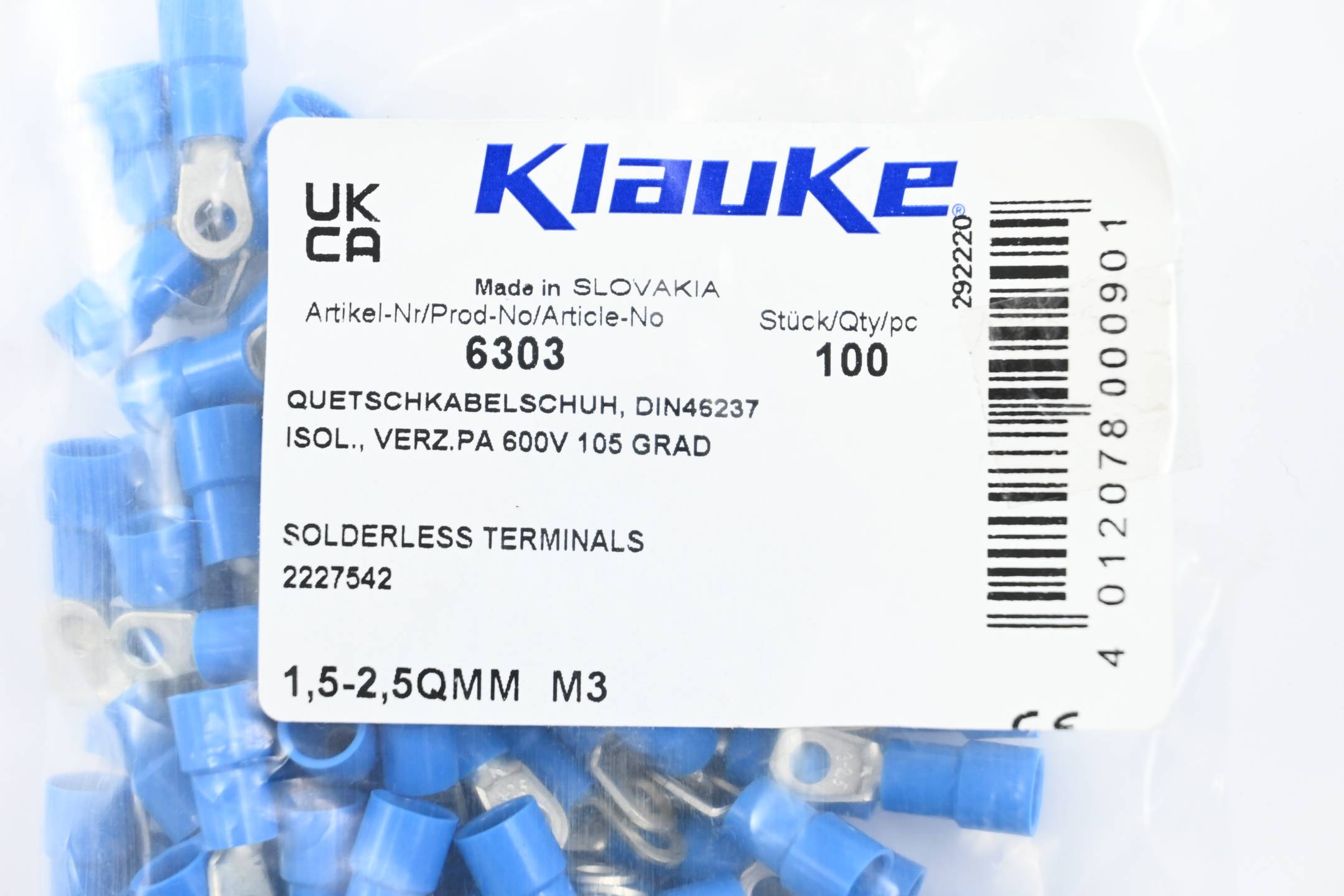 Klauke Quetschkabelschuh isoliert / verzinkt 1,5-2,5QMM ( 6303 ) 100 Stück