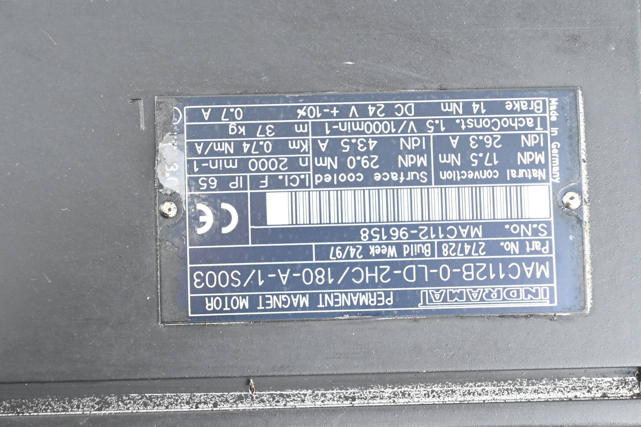 Indramat Permanent Magnet Motor MAC112B-0-LD-2HC/180-A-1/S003 ( 274728 )