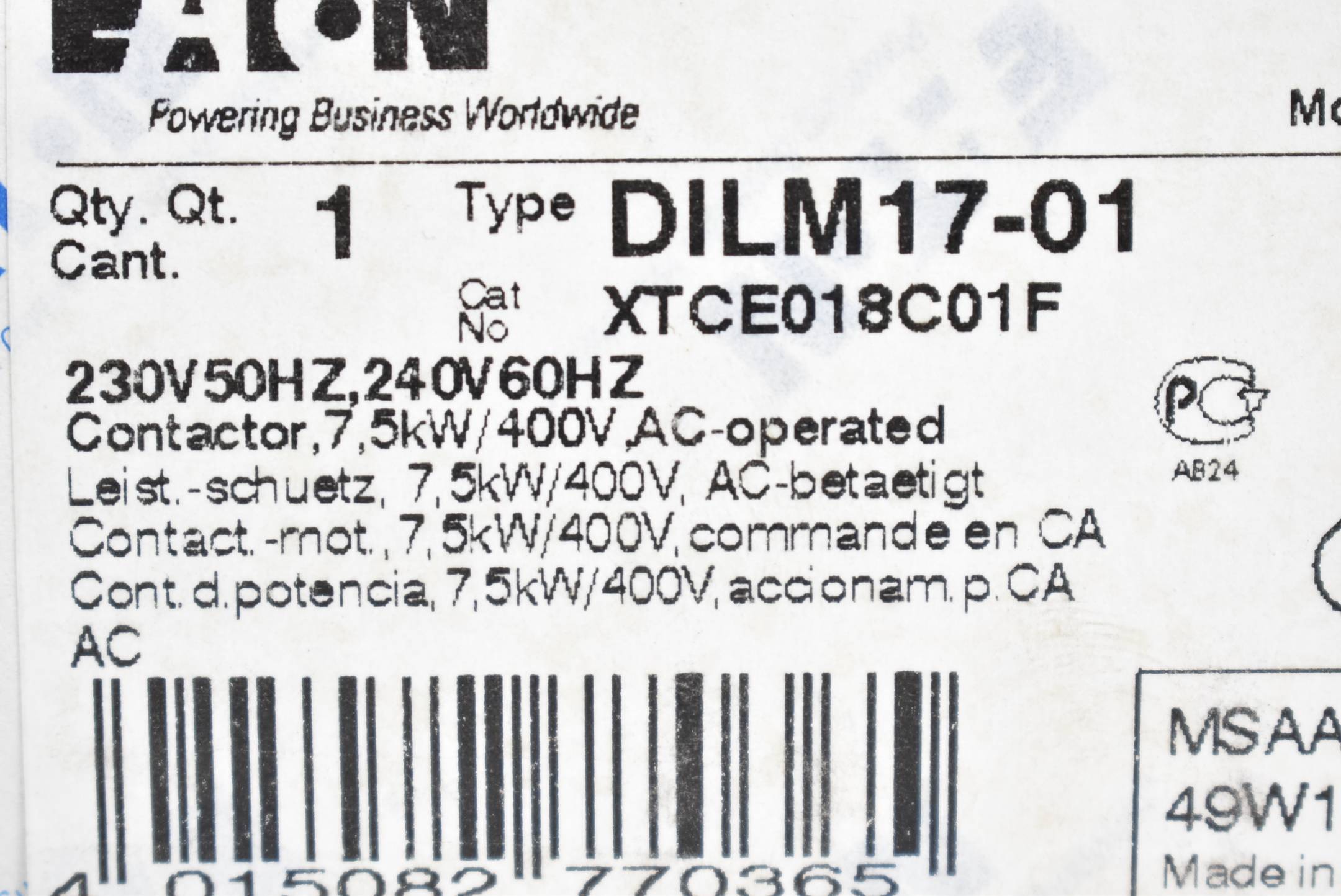 Eaton DILM17-01 Schütz 7,5 kW/ 400V AC ( XTCE018C01F )