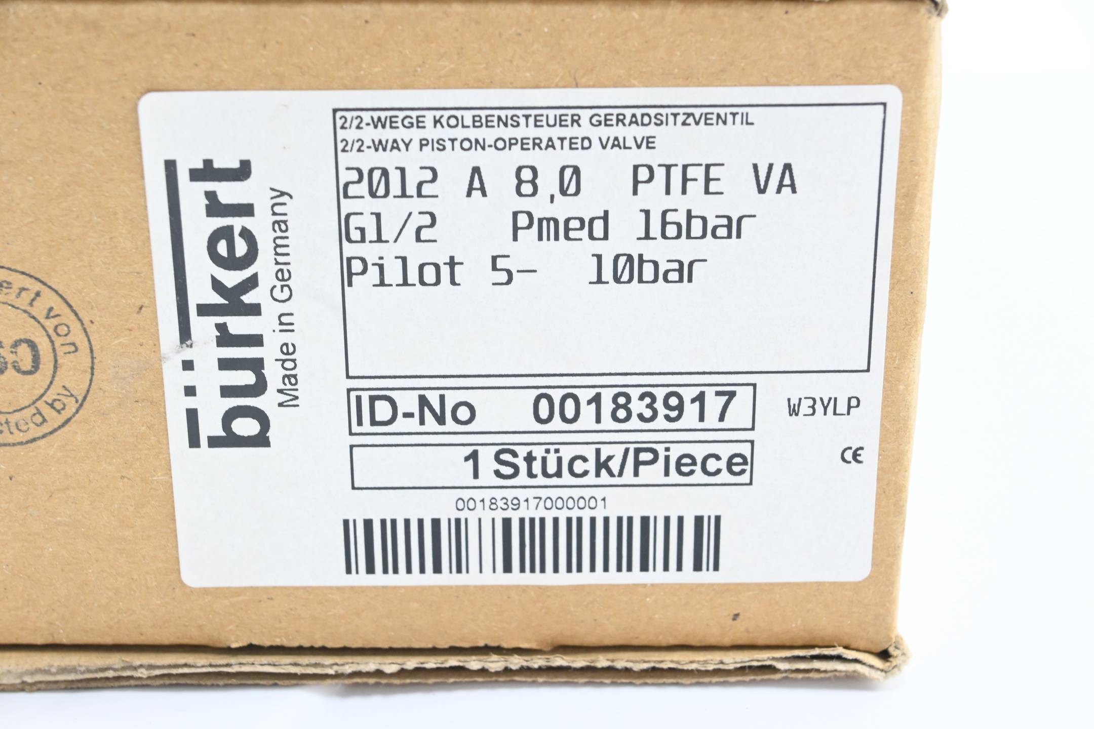 Bürkert 2/2-Wege Kolbensteuer Geradsitzventil 2012 A 8,0 PTFE VA ( 00183917 )