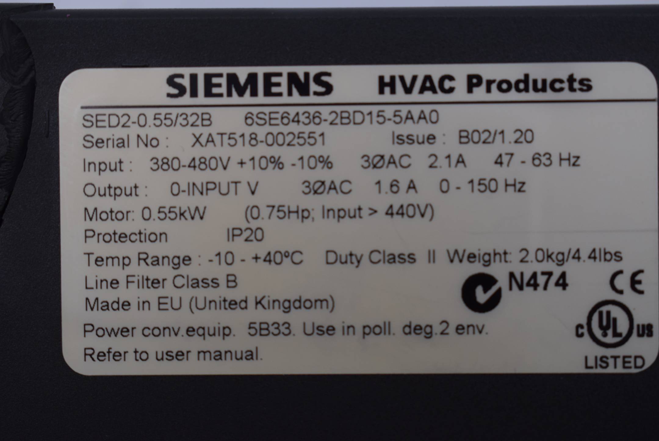 Siemens HVAC 6SE6436-2BD15-5AA0 ( 6SE6 436-2BD15-5AA0 ) B02/1.20