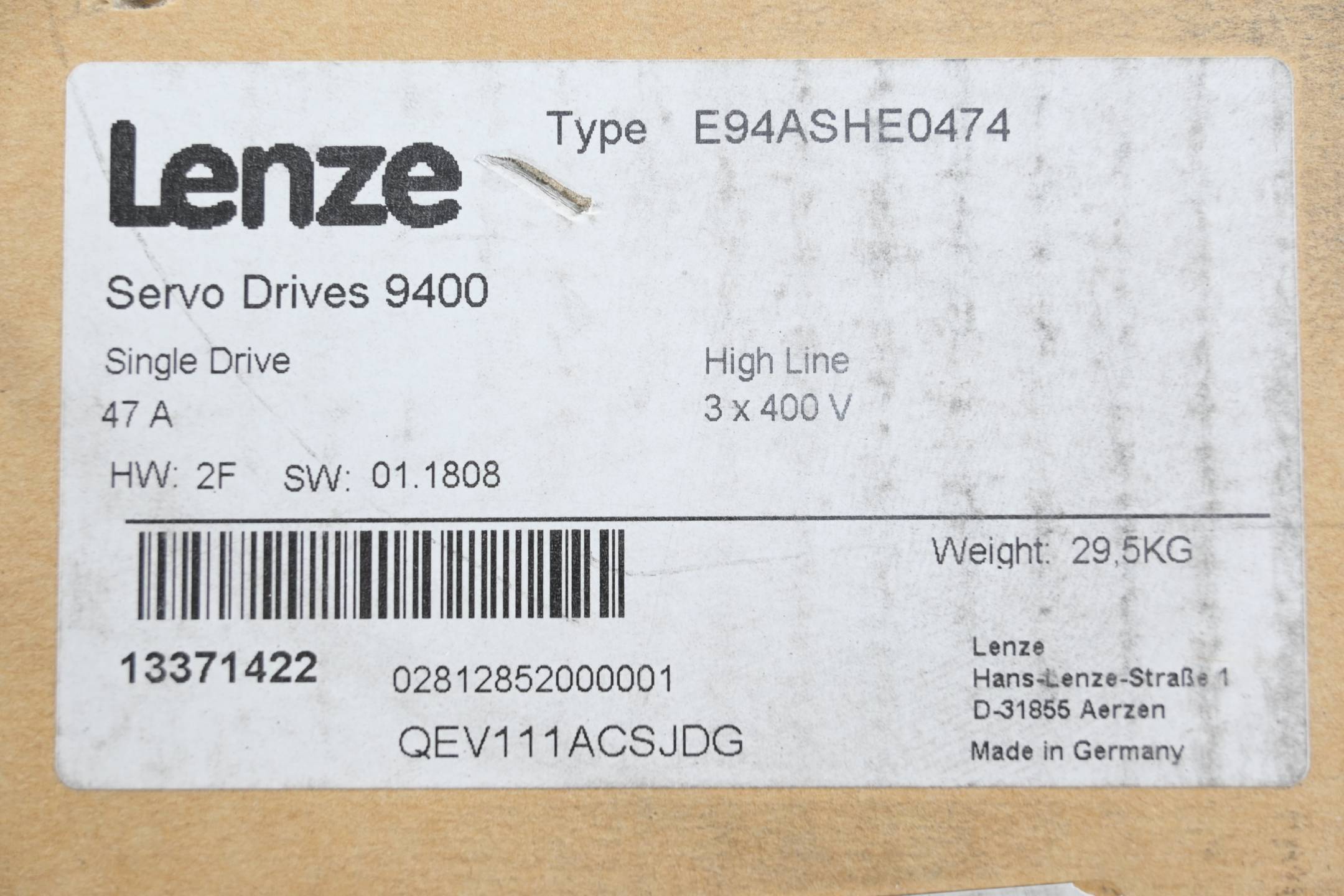 Lenze Servo Drives 9400 Singe Drive E94ASHE0474 ( HW: 2F SW: 01.1808 )