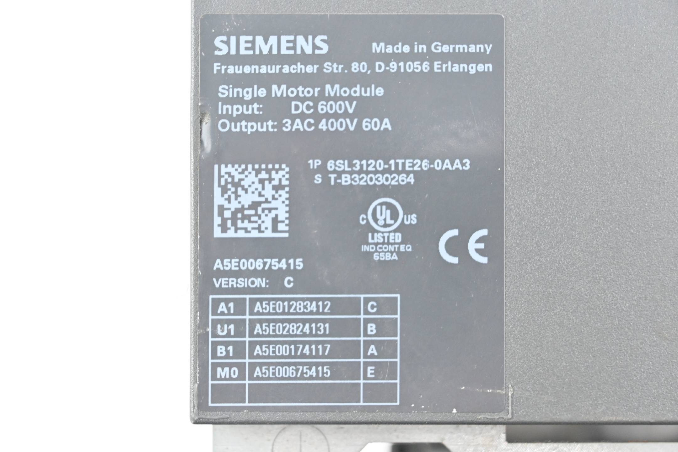 Siemens Sinamics Single Motor Module 6SL3120-1TE26-0AA3 ( 6SL3 120-1TE26-0AA3 )C