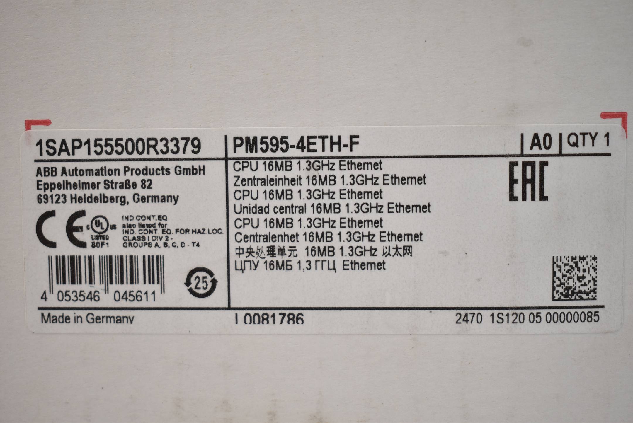 ABB Zentraleinheit CPU 1SAP155500R3379 ( PM595-4ETH-F ) 