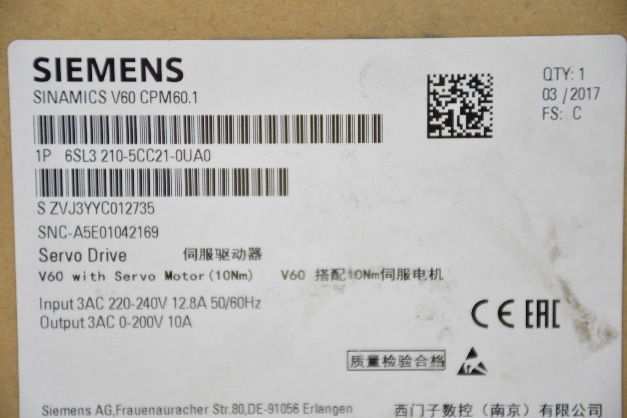 Siemens sinamics V60 CPM60 6SL3 210-5CC21-0UA0 ( 6SL3210-5CC21-0UA0 ) Ver C
