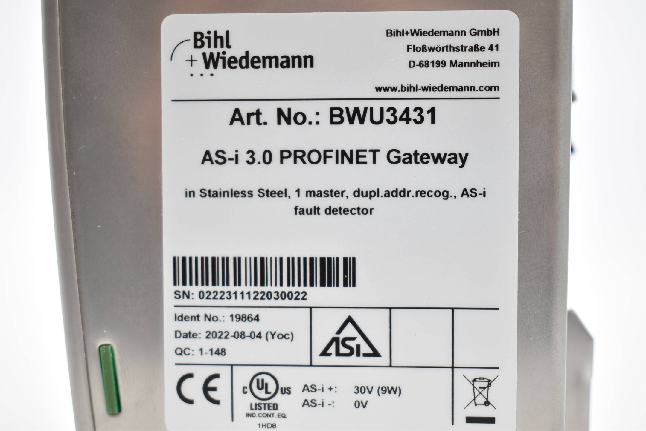 Bihl + Wiedemann ASi-3 Profinet Gateway in Edelstahl BWU3431