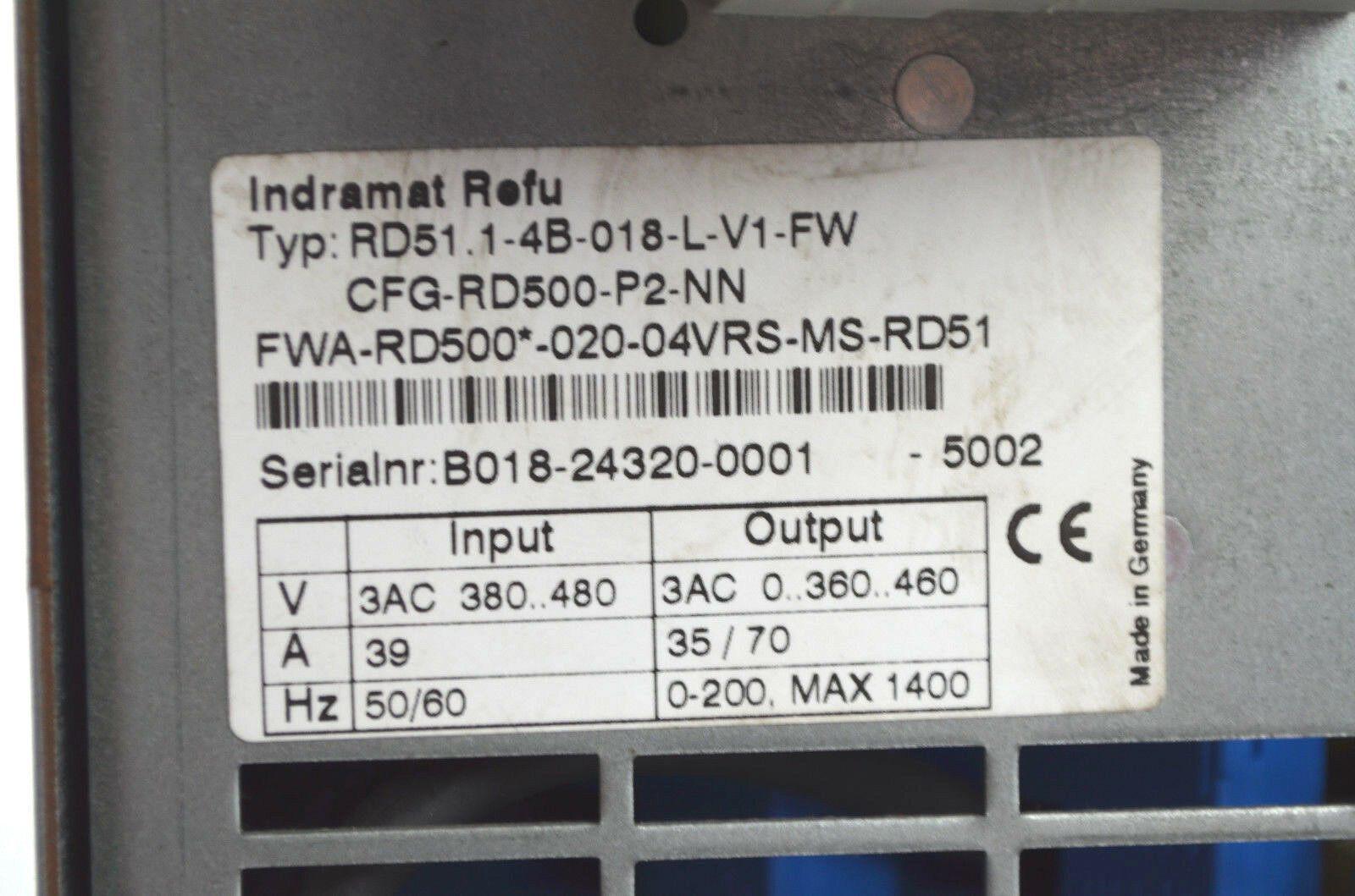 Indramat Refu RD51.1-4B-018-L-V1-FWCFG-RD500-P2-NNFWA-RD500*-020-04VRS-MSRD51