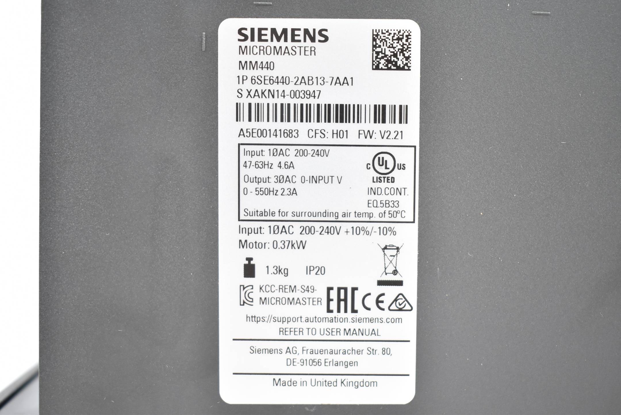 Siemens Micromaster 440 Umrichter 6SE6440-2AB13-7AA1 ( 6SE6 440-2AB13-7AA1 )