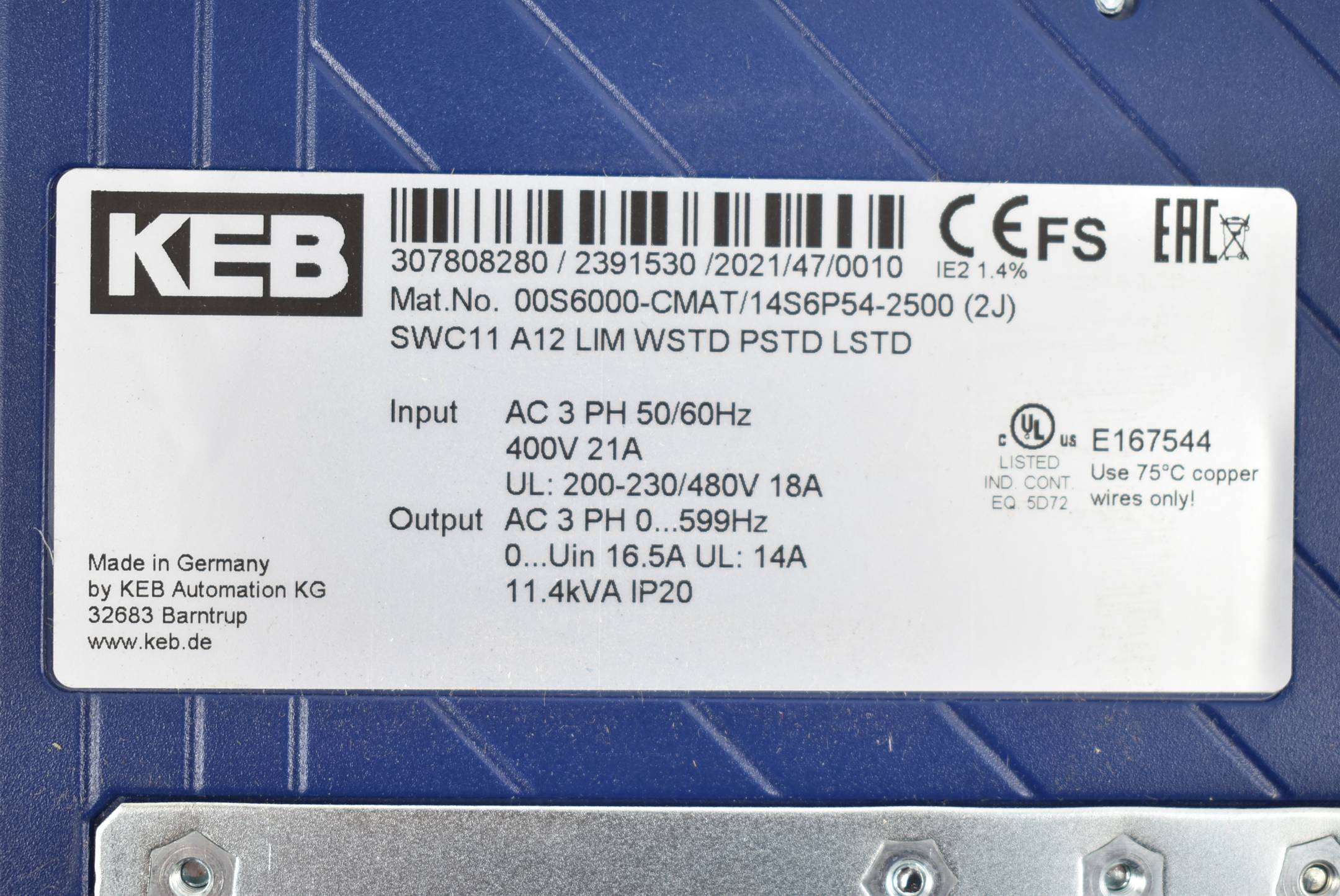 KEB Combivert S6 Servo Drive 00S6000-CMAT/14S6P54-2500 (2J)