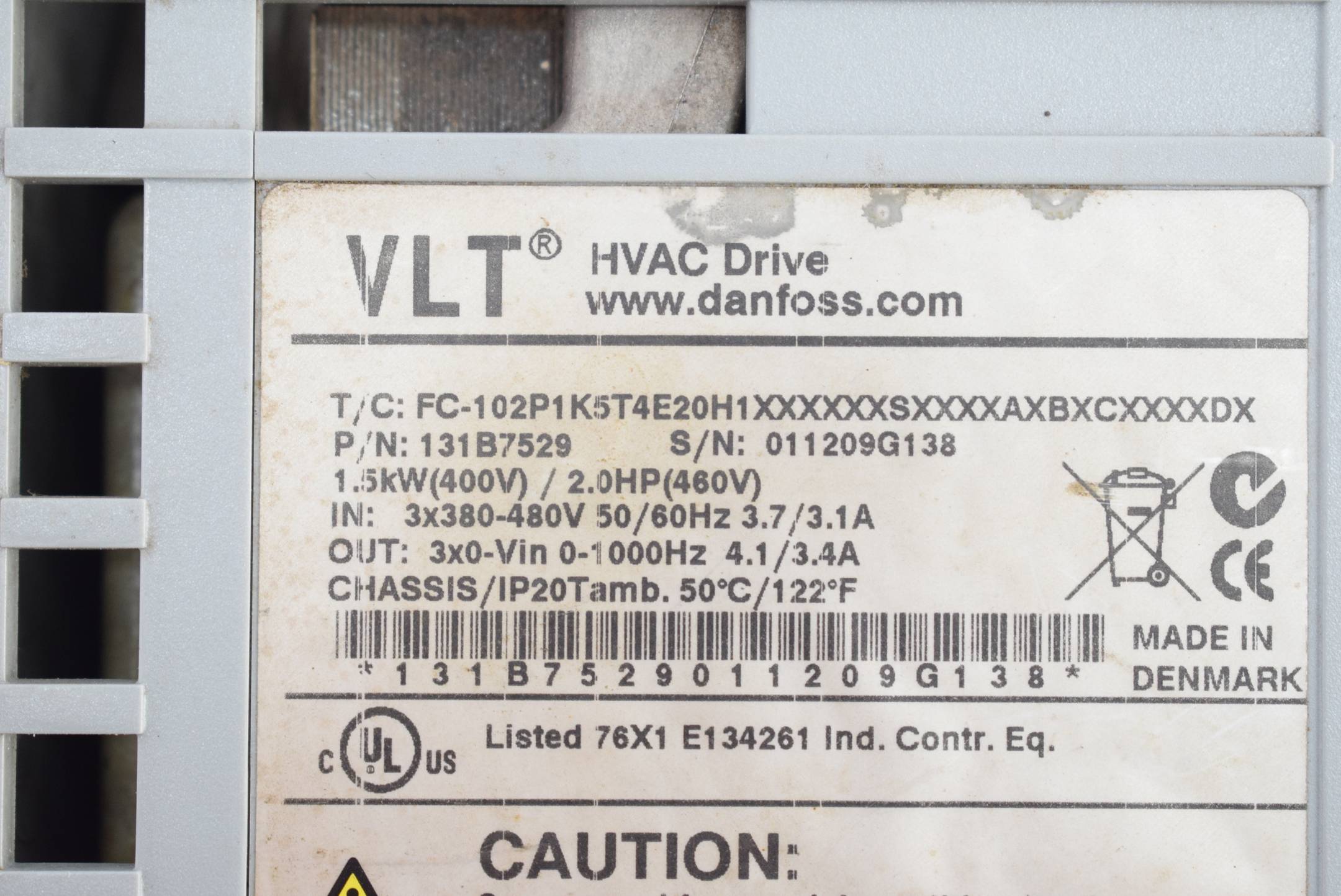 Danfoss VLT HVAC Drive 131B7529 ( FC-102P1K5T4E20H1XXXXXXSXXXXAXBXCXXXXDX )