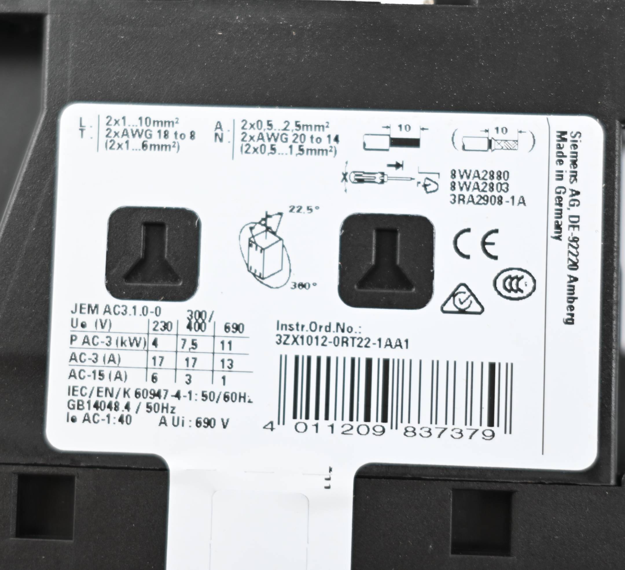 Siemens Leistungsschütz 3RT2025-2BB44 ( 3RT2 025-2BB44 ) + 3RH2911-2HA11