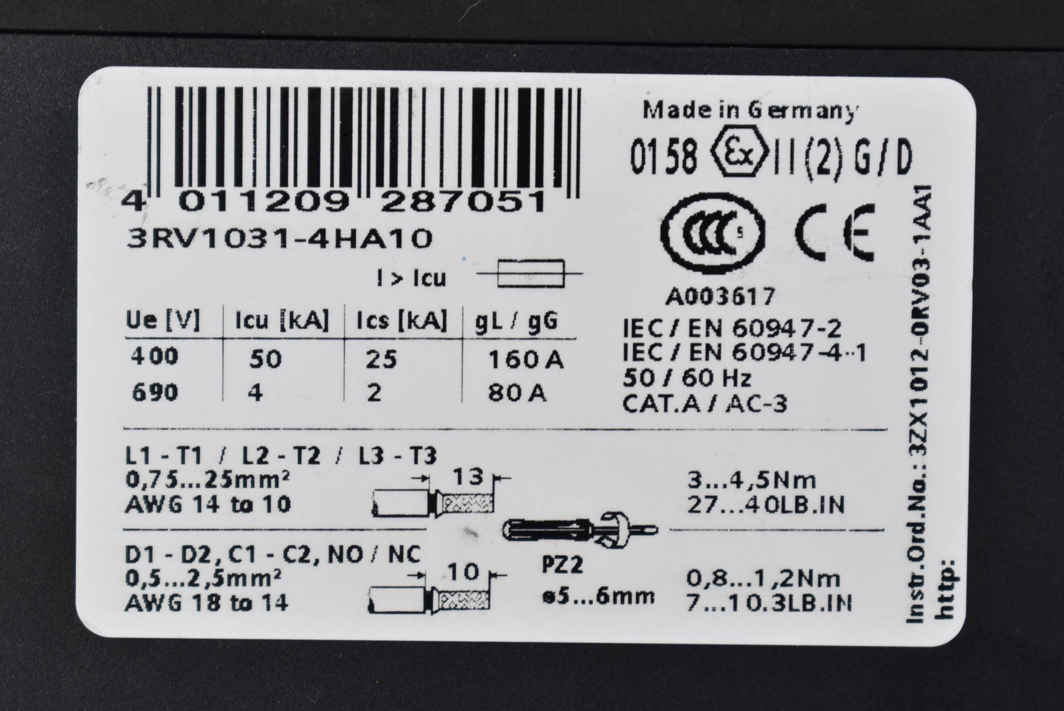 Siemens Leistungsschalter Bg S2 3RV1 031-4HA10 ( 3RV1031-4HA10 )
