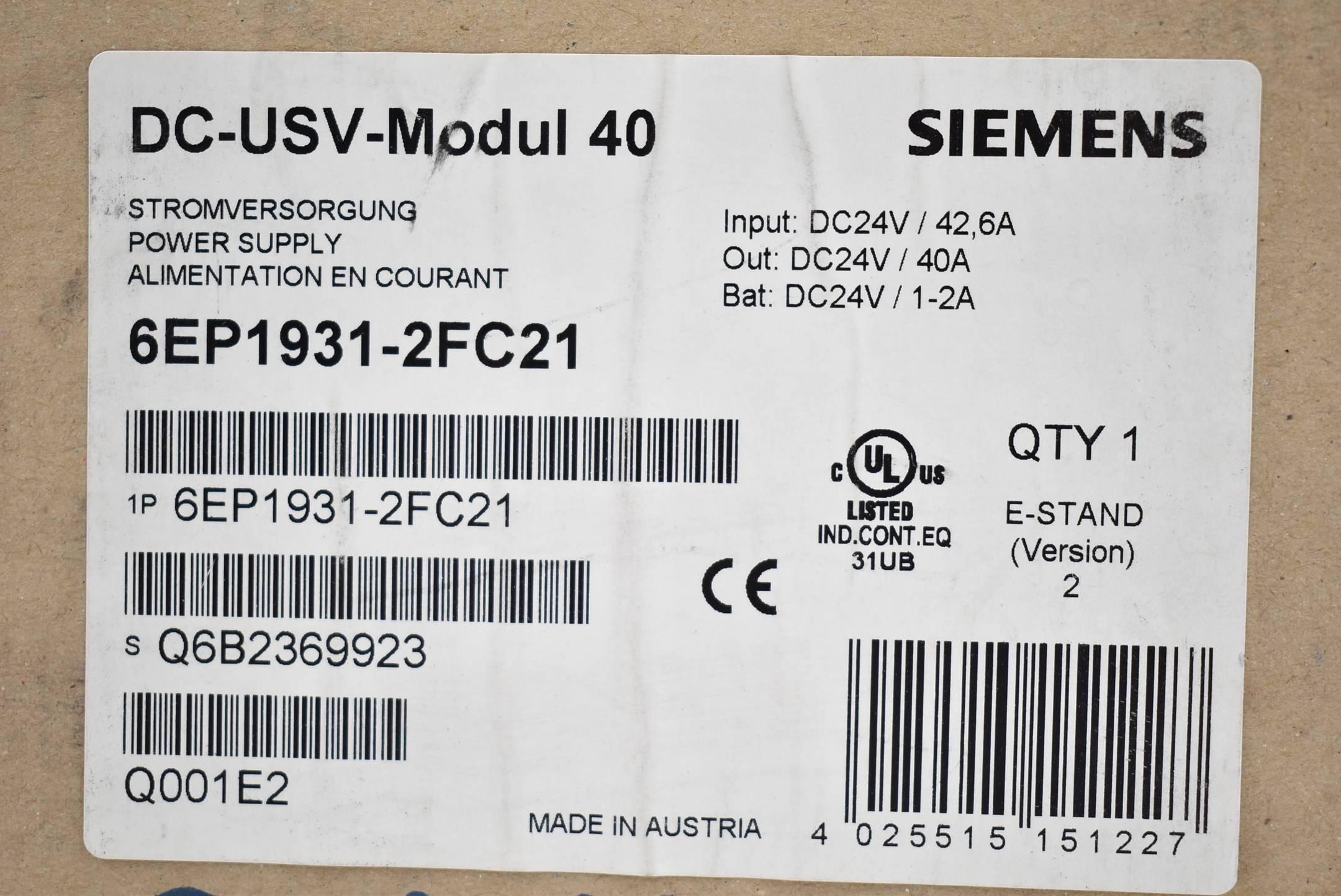 Siemens Sitop DC-USV-Modul 40 Stromversorgung 6EP1931-2FC21 ( 6EP1 931-2FC21 )