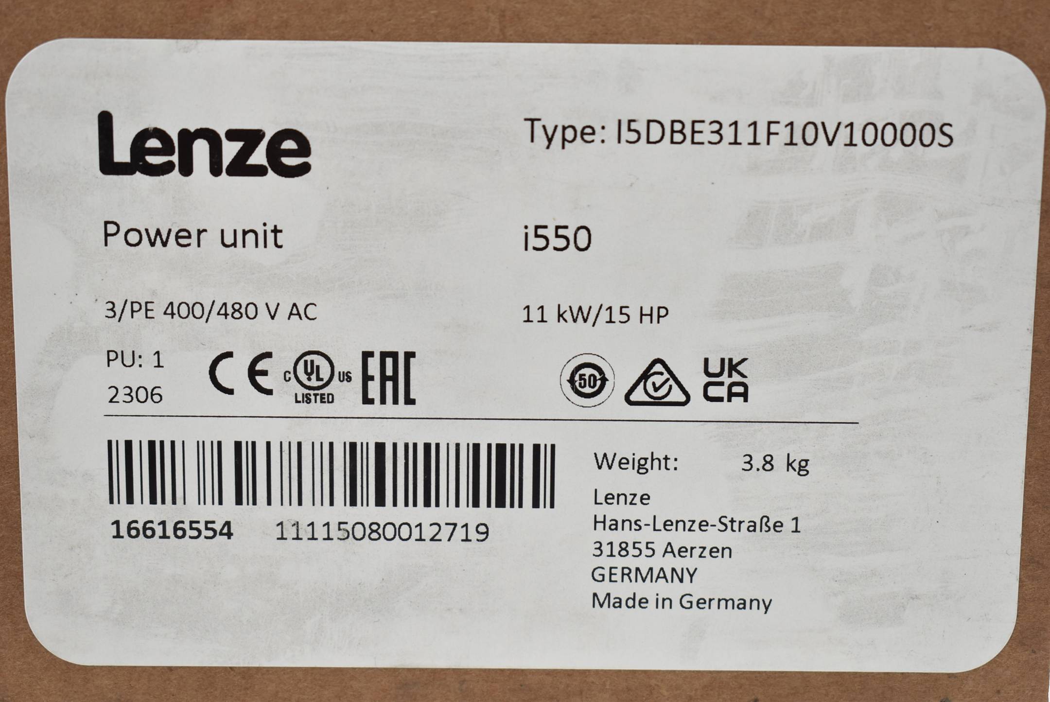 Lenze Power Unit 1550 11kW 400/480VAC I5DBE311F10V10000S